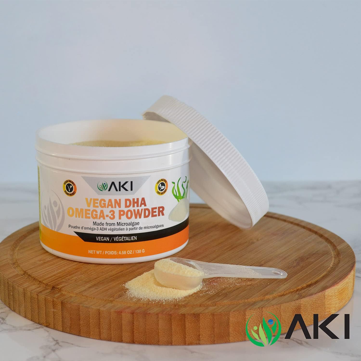 AKI ORGANIC Omega-3 DHA Microalgae Powder in a bowl
