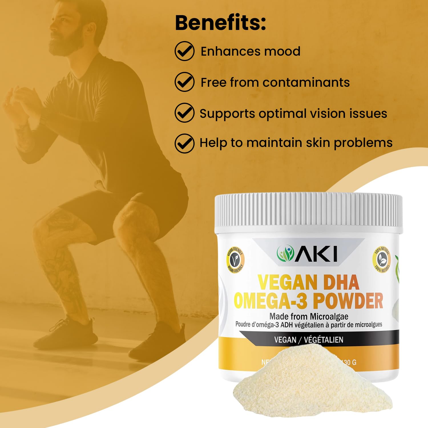 AKI ORGANIC Omega-3 DHA Microalgae Powder mixed in smoothie