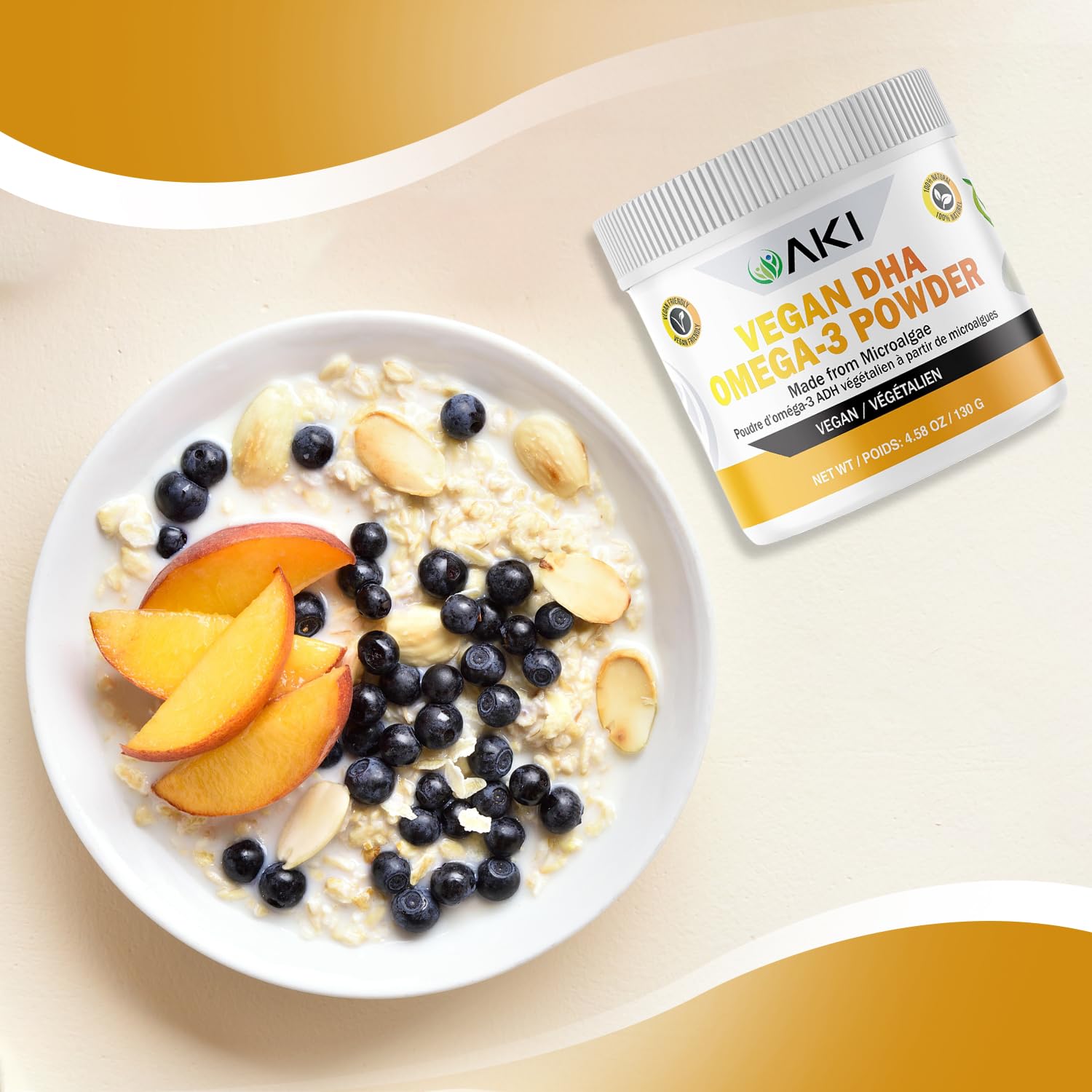 AKI ORGANIC Omega-3 DHA Microalgae Powder on a wooden table