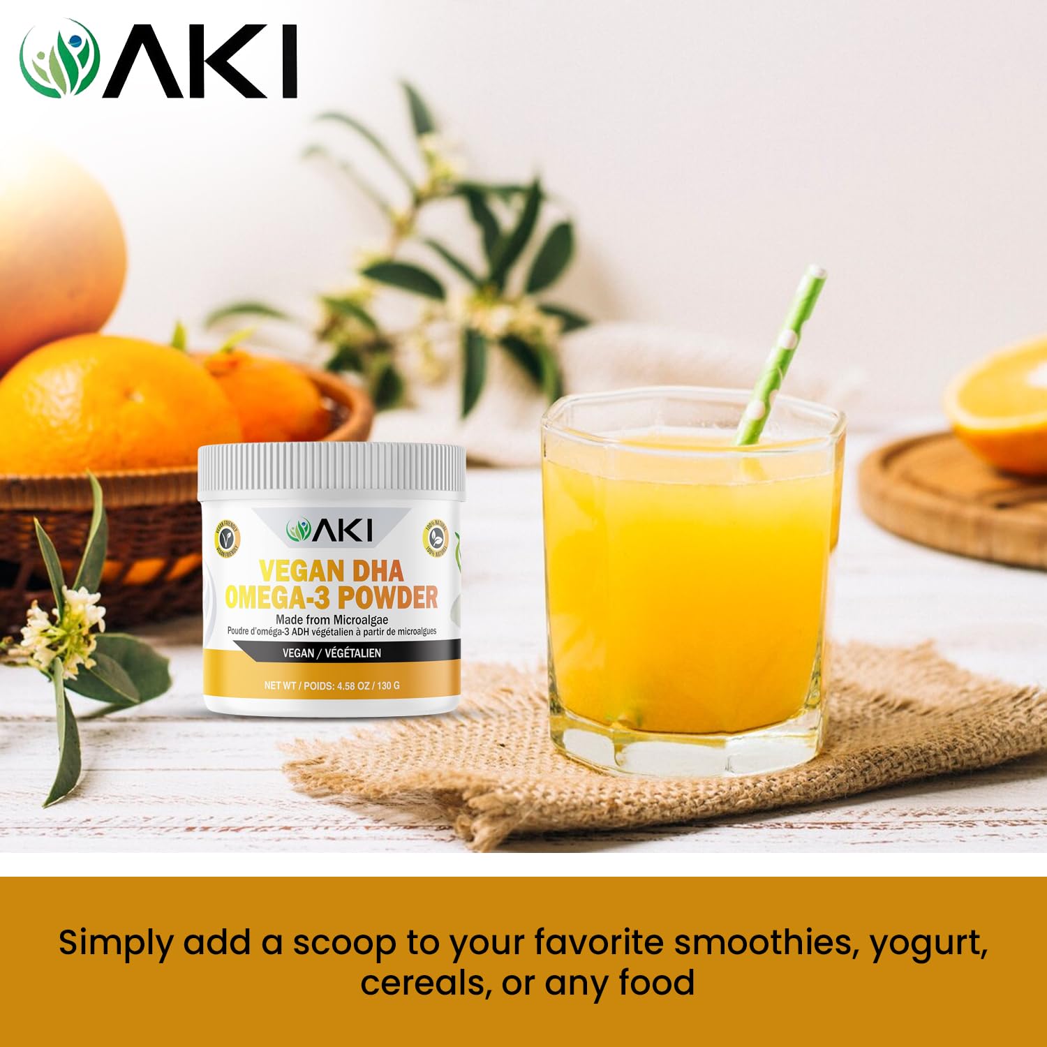AKI ORGANIC Omega-3 DHA Microalgae Powder scoop with powder