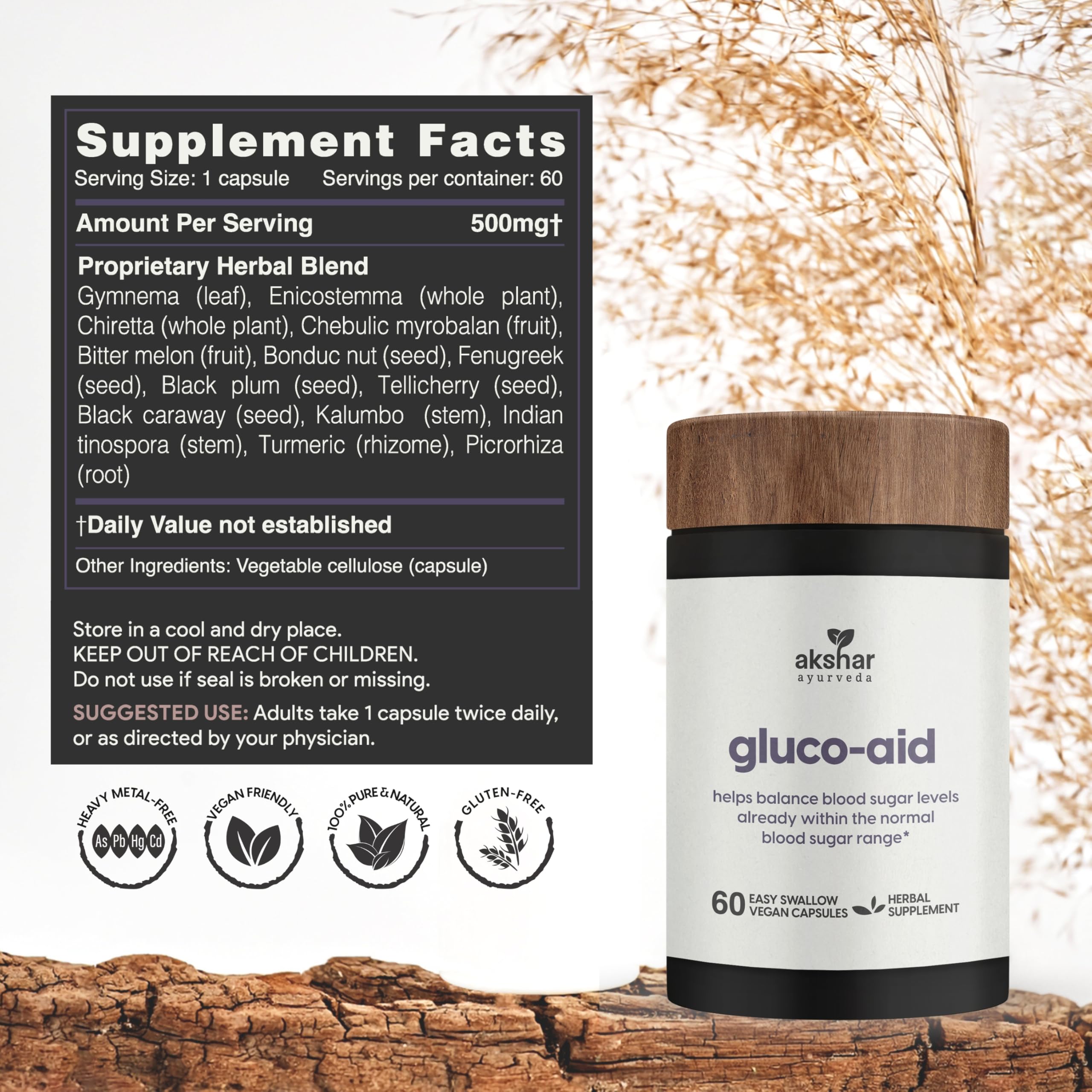 AKSHAR Gluco-Aid Herbal Supplement back view with nutritional information