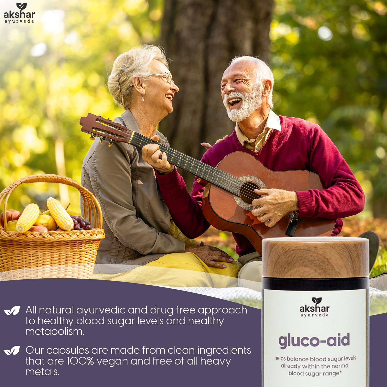 AKSHAR Gluco-Aid Herbal Supplement displayed with Ayurvedic herbs