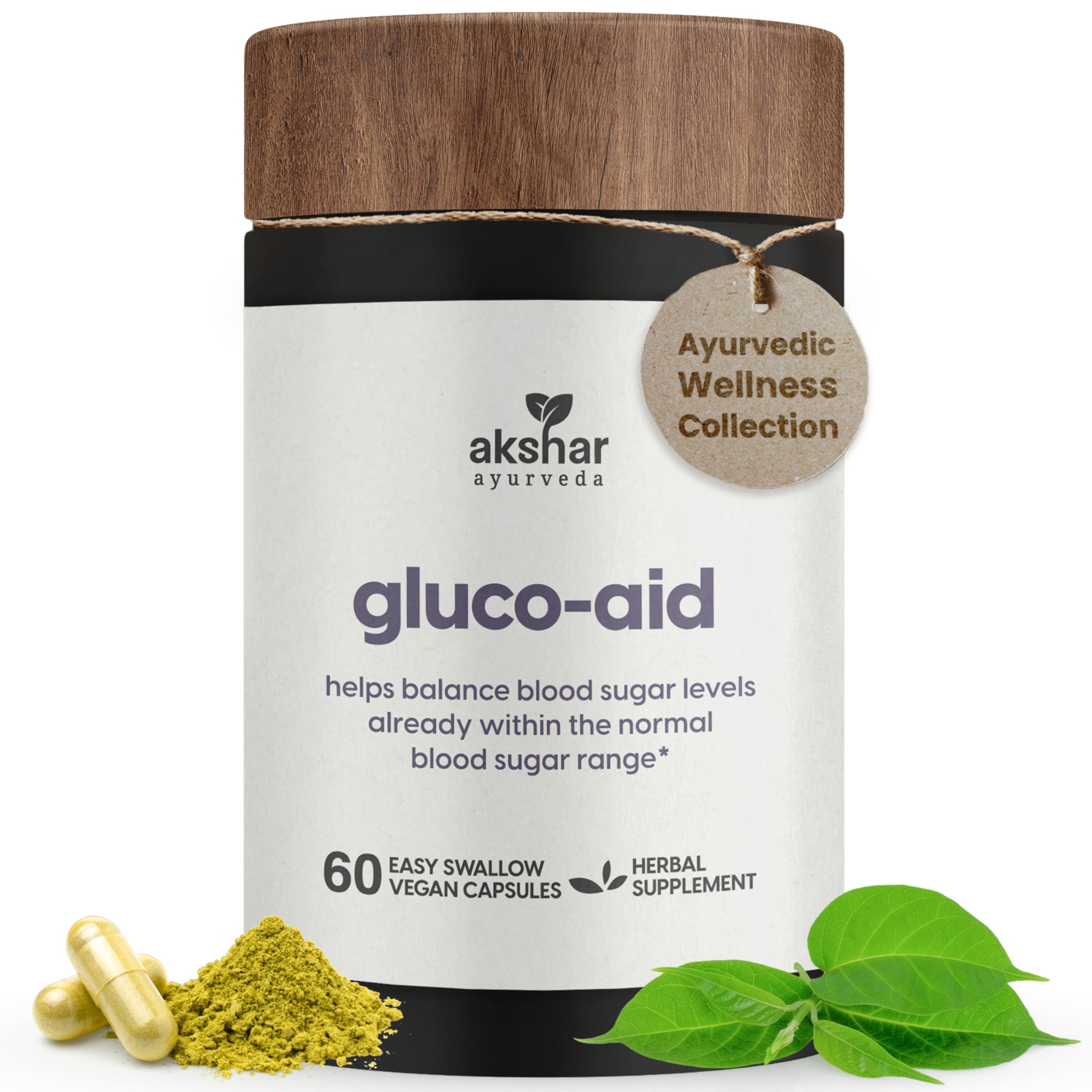 AKSHAR Gluco-Aid Herbal Supplement front view with turmeric