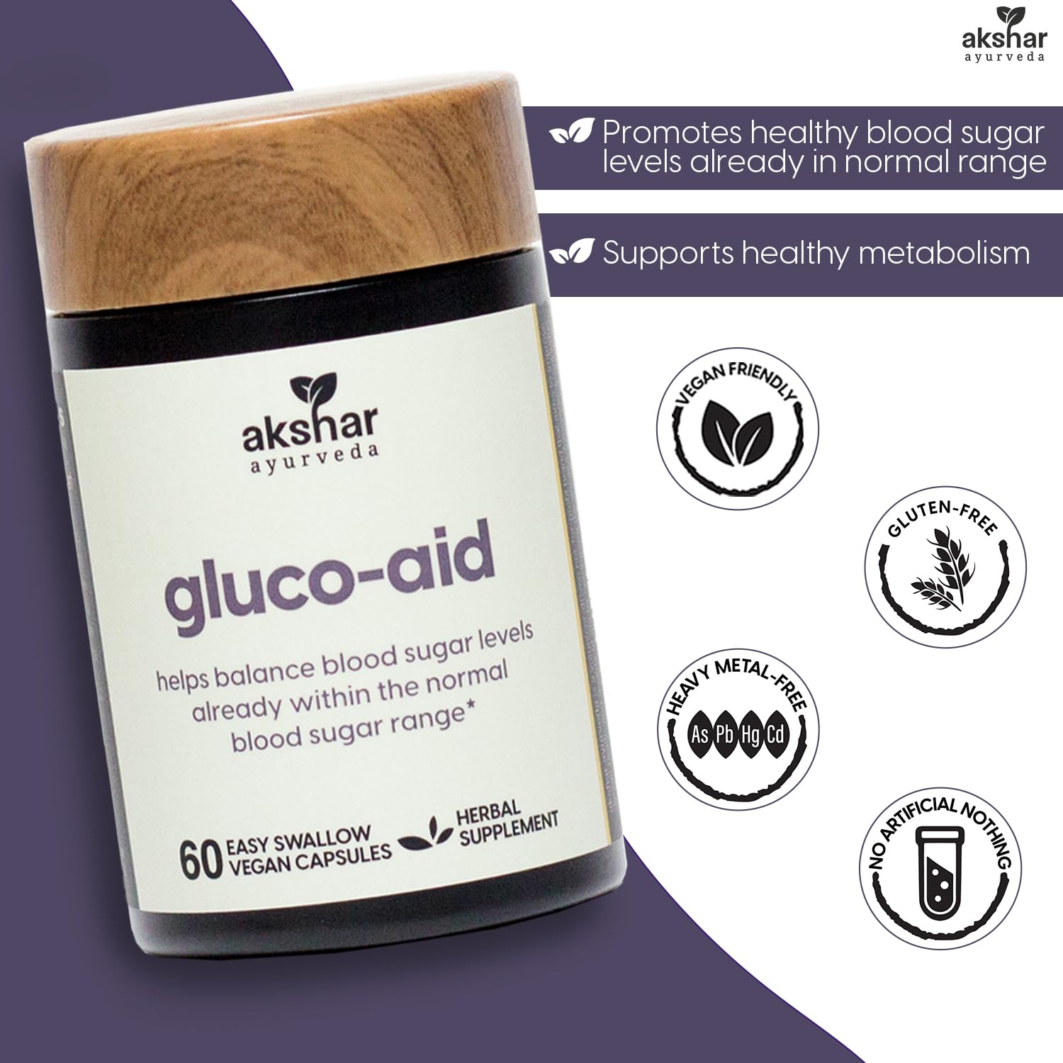 AKSHAR Gluco-Aid Herbal Supplement side view showcasing capsule size