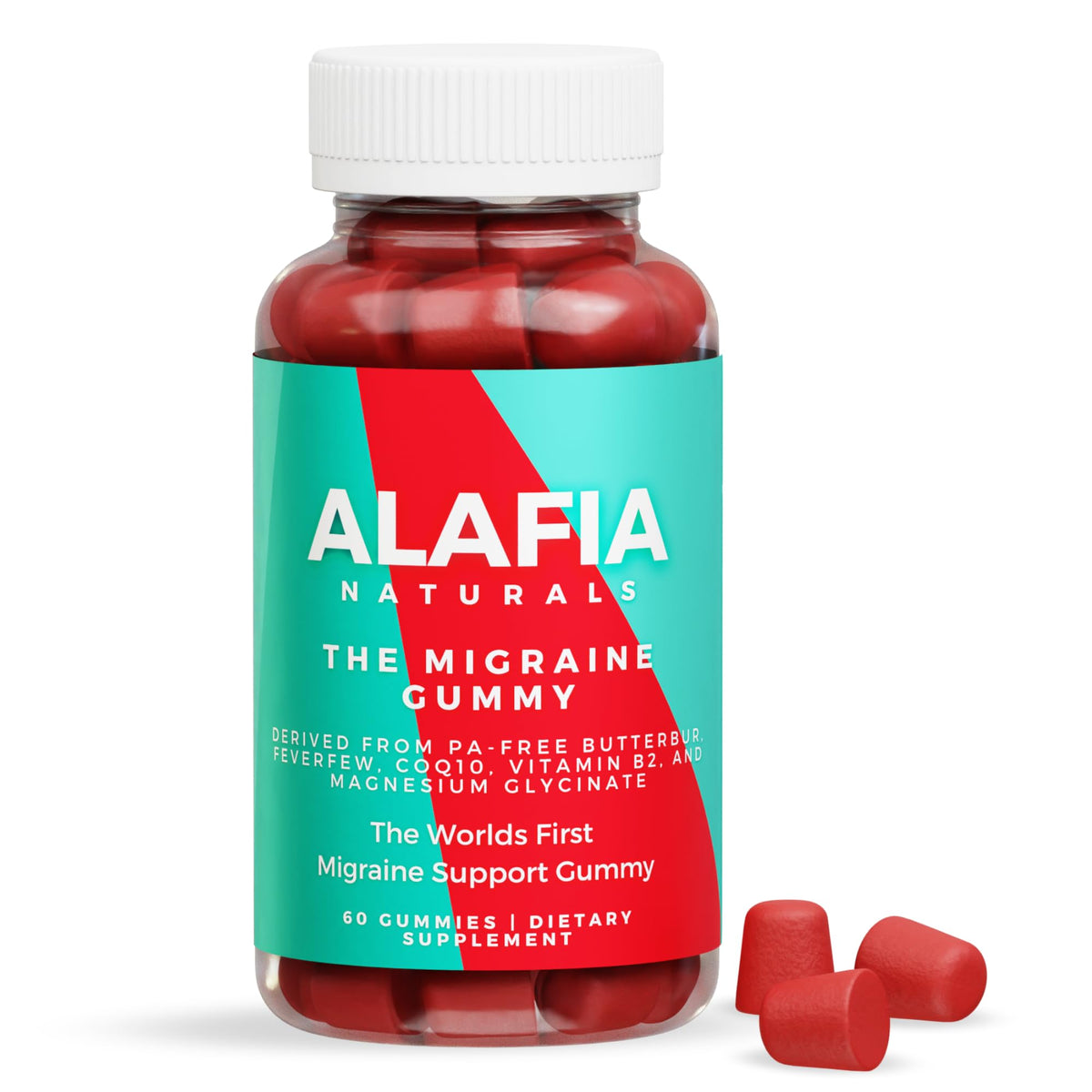 Alafia Naturals Migraine Gummy bottle front view with 60 gummies