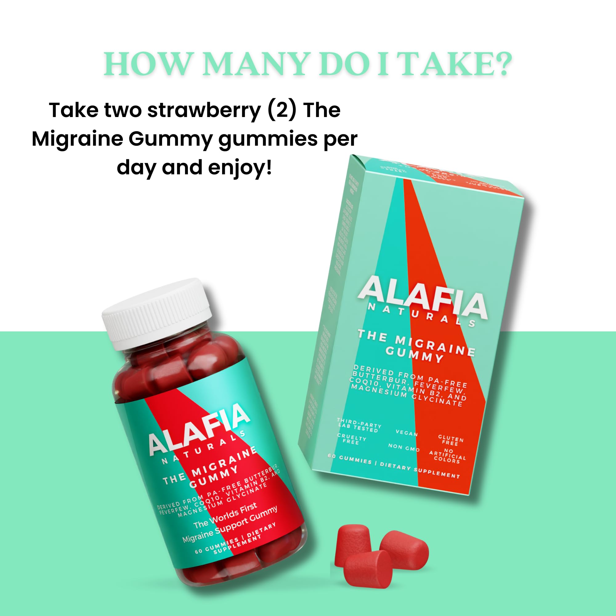Alafia Naturals Migraine Gummy packaging with nutritional information