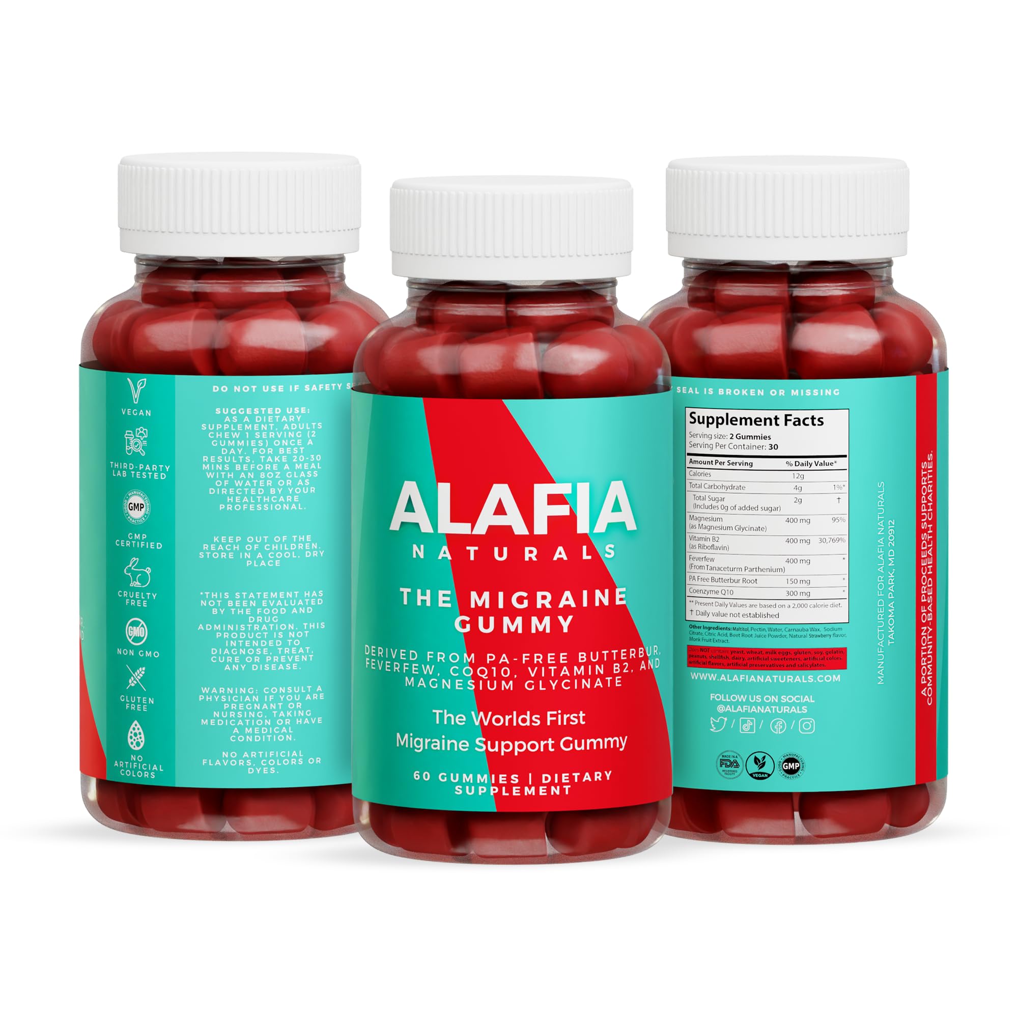 Alafia Naturals Migraine Gummy strawberry-flavoured gummy close-up