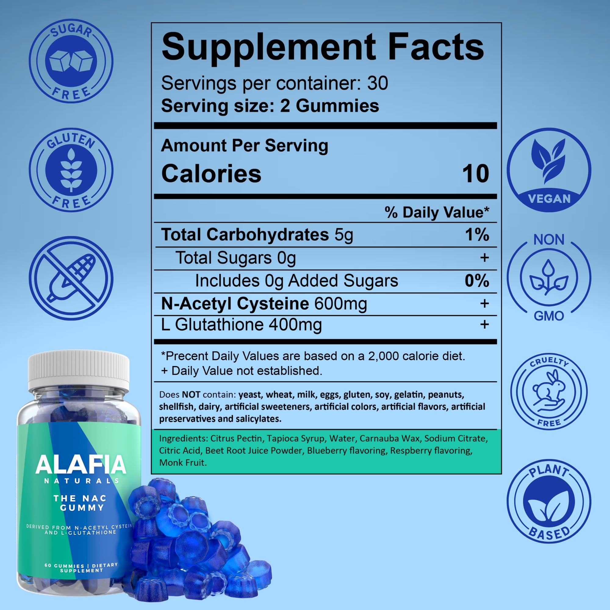 Alafia Naturals NAC Gummies side view with nutritional information