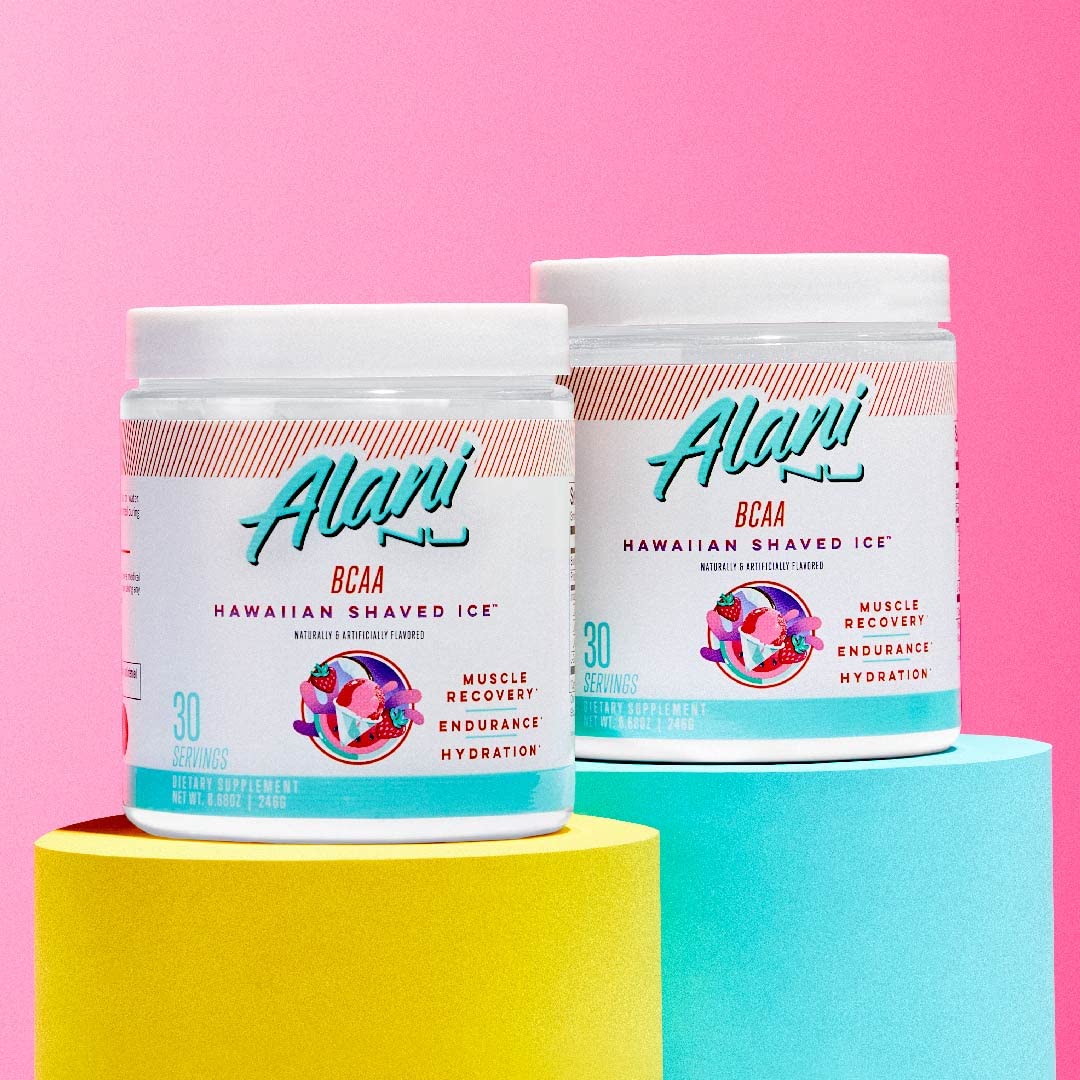 Alani Nu BCAAs 246g displayed with workout gear
