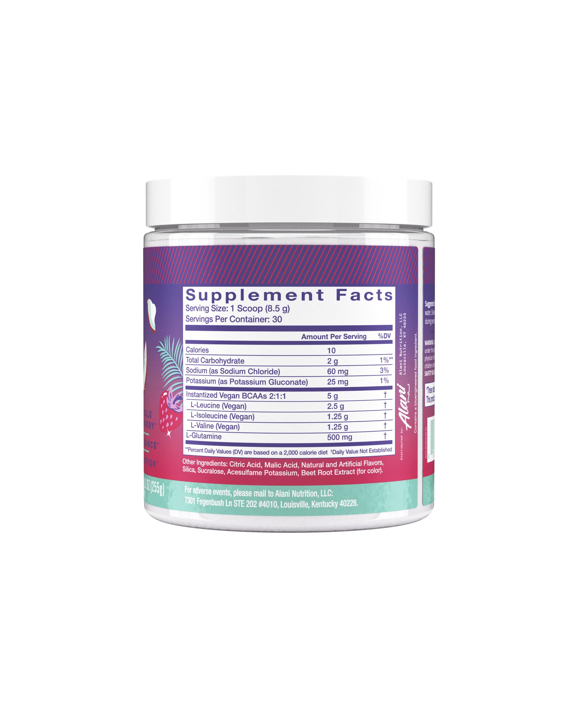 Alani Nu BCAAs 246g side view showing nutritional information