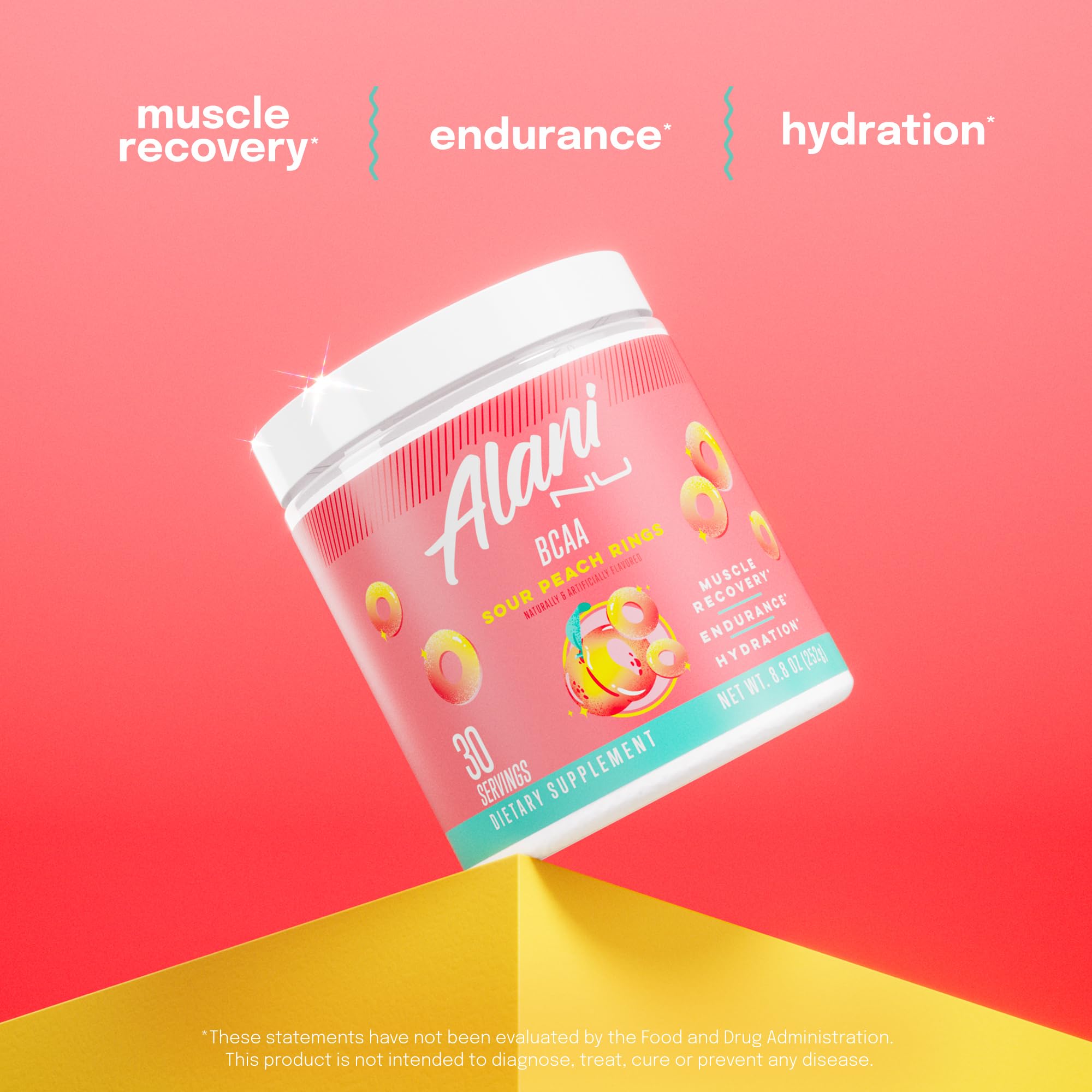 Alani Nu BCAAs 252g lifestyle scene with gym equipment