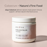 Alaya Naturals Bovine Colostrum Powder packaging with scoop