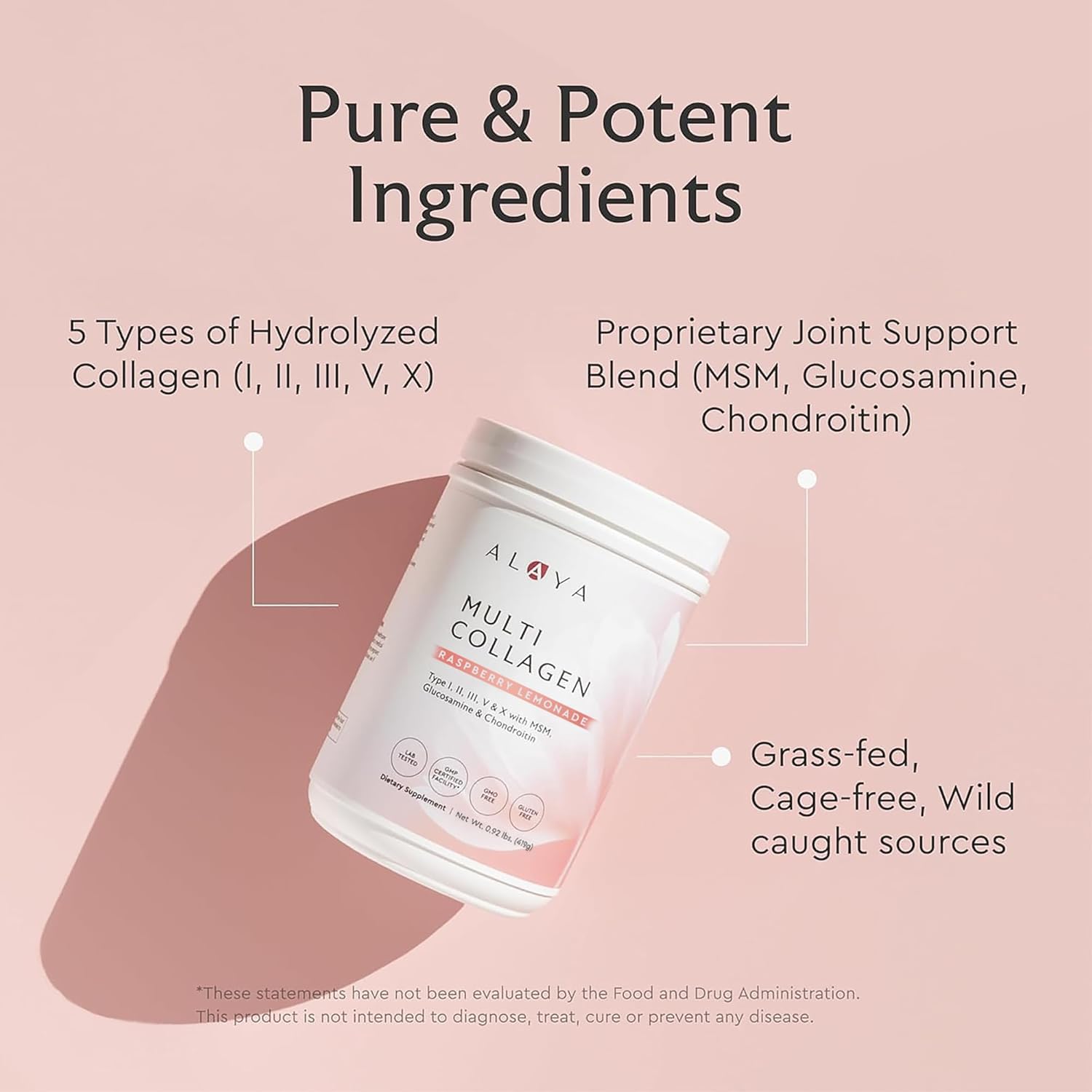 Alaya Naturals Collagen Peptides Powder 419g back view with ingredient list