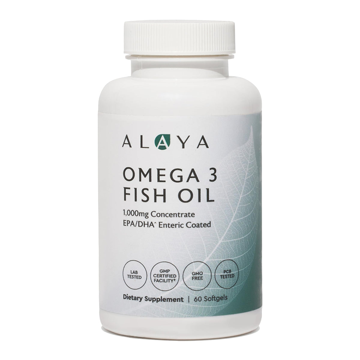 Alaya Naturals Fish Oil Softgels front view, 109g packaging