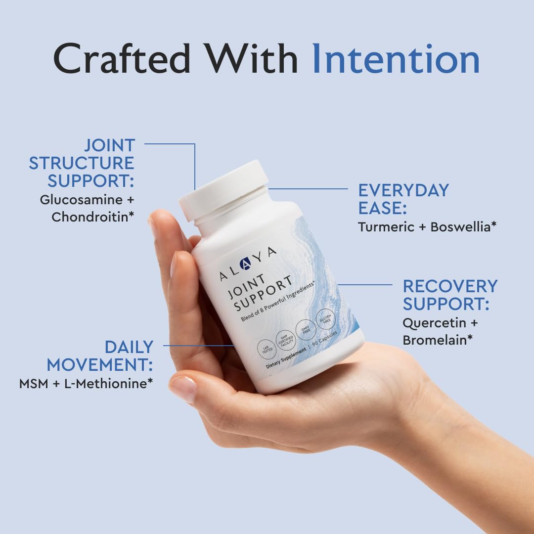 Alaya Naturals Joint Support supplement bottle with a measuring spoon