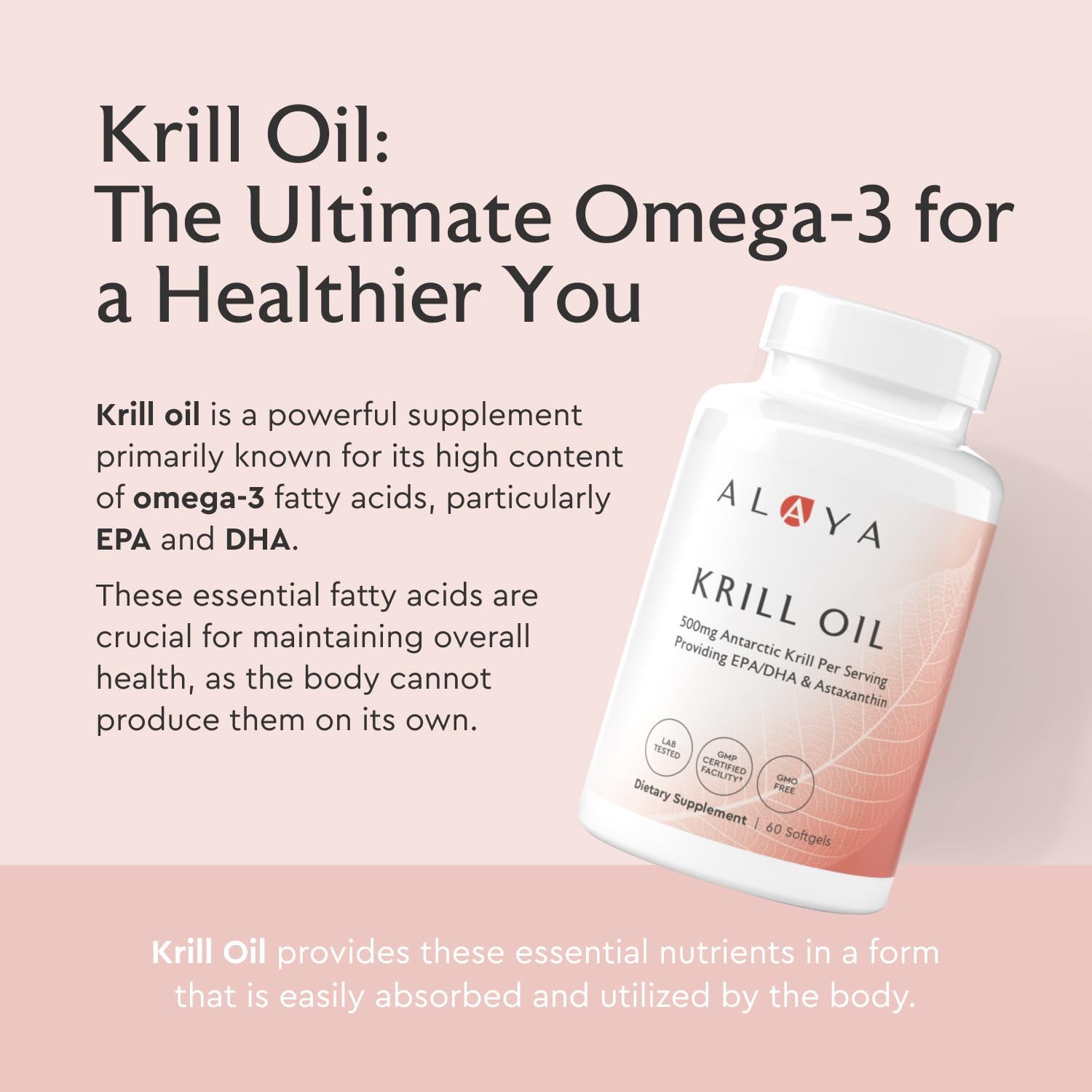 Alaya Naturals Krill Oil Softgels side view with dosage details