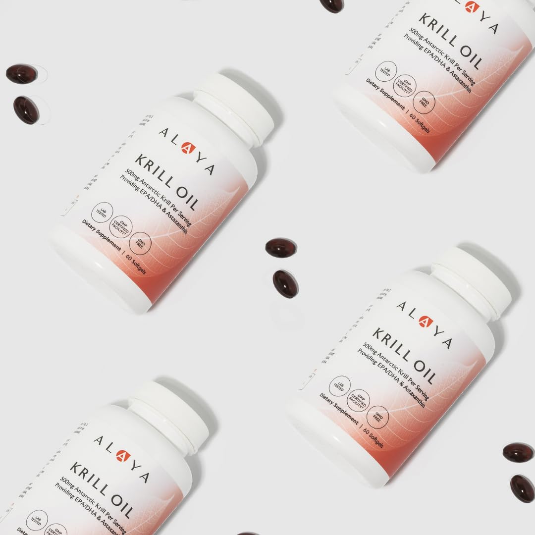 Alaya Naturals Krill Oil Softgels with ingredients list visible