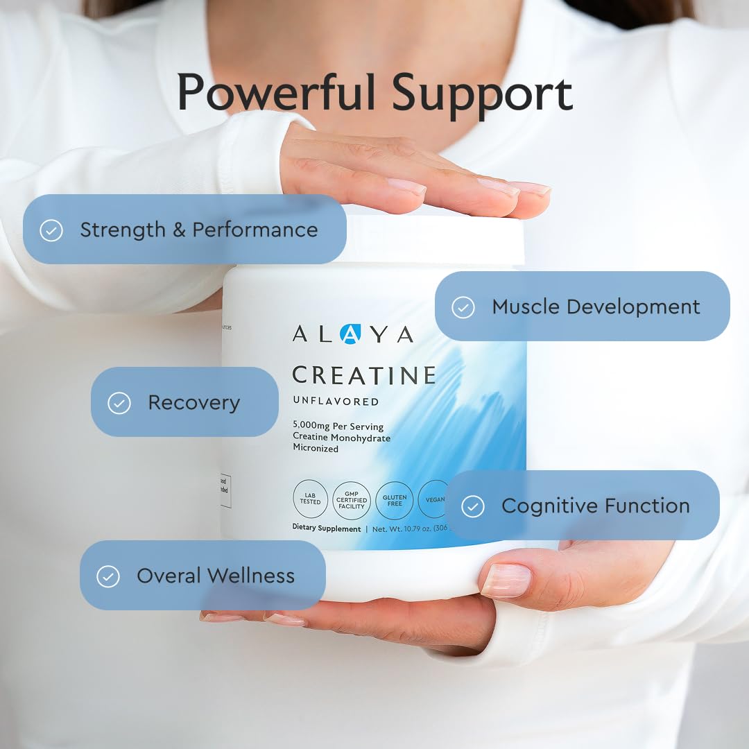 Alaya Naturals Micronized Creatine Monohydrate with workout gear