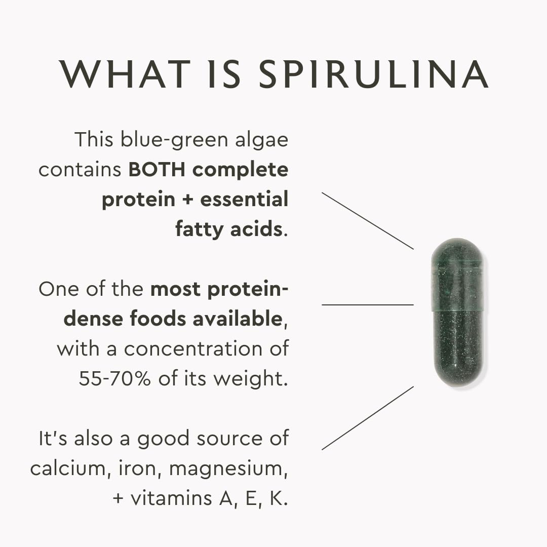 Alaya Naturals Spirulina Capsules with a measuring spoon