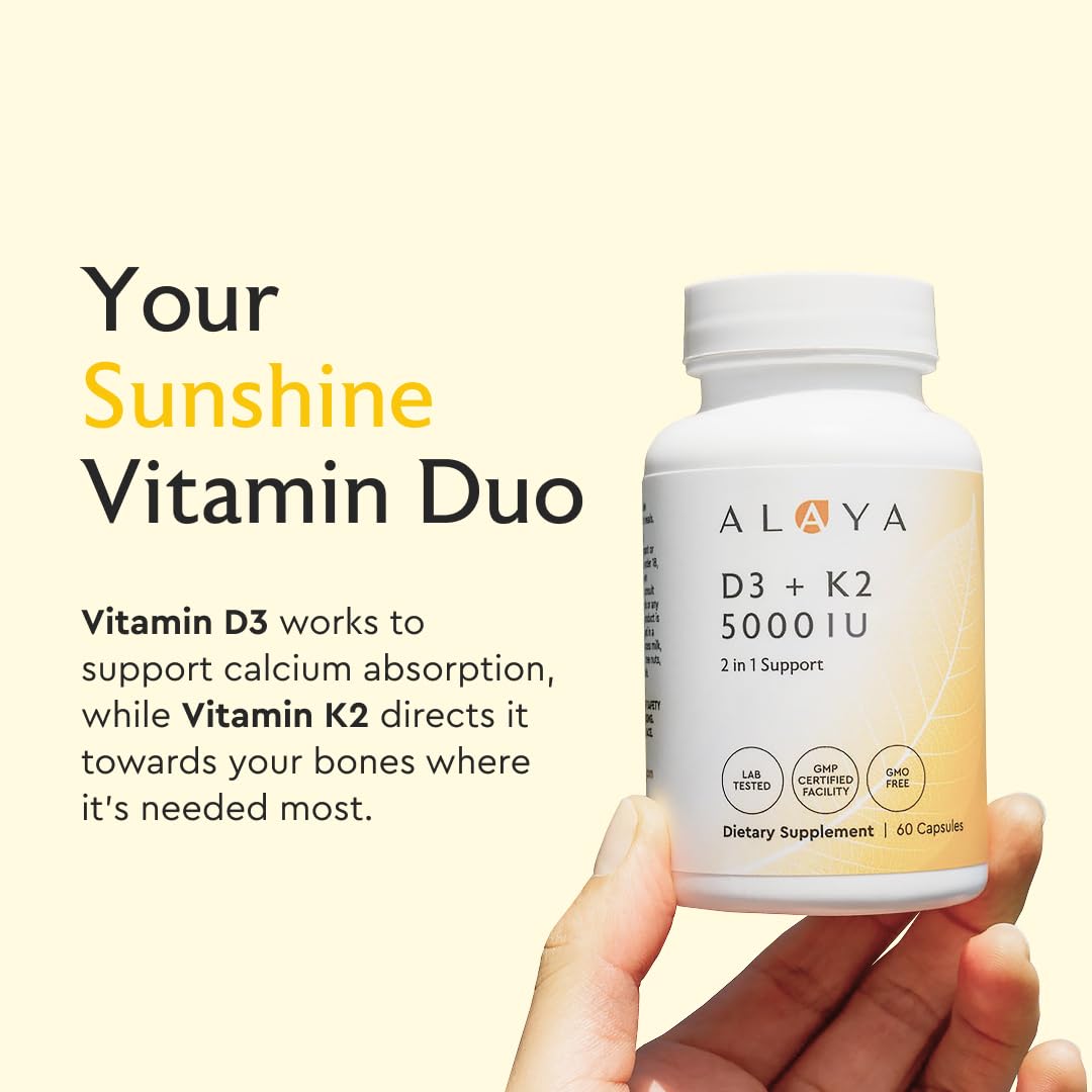 Alaya Naturals Vitamin D3 & K2 capsules bottle with label