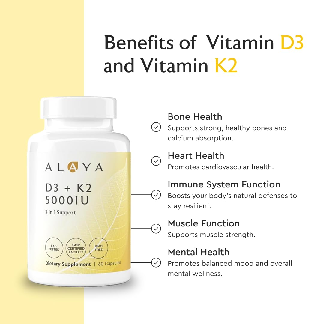 Alaya Naturals Vitamin D3 & K2 capsules on a wooden table