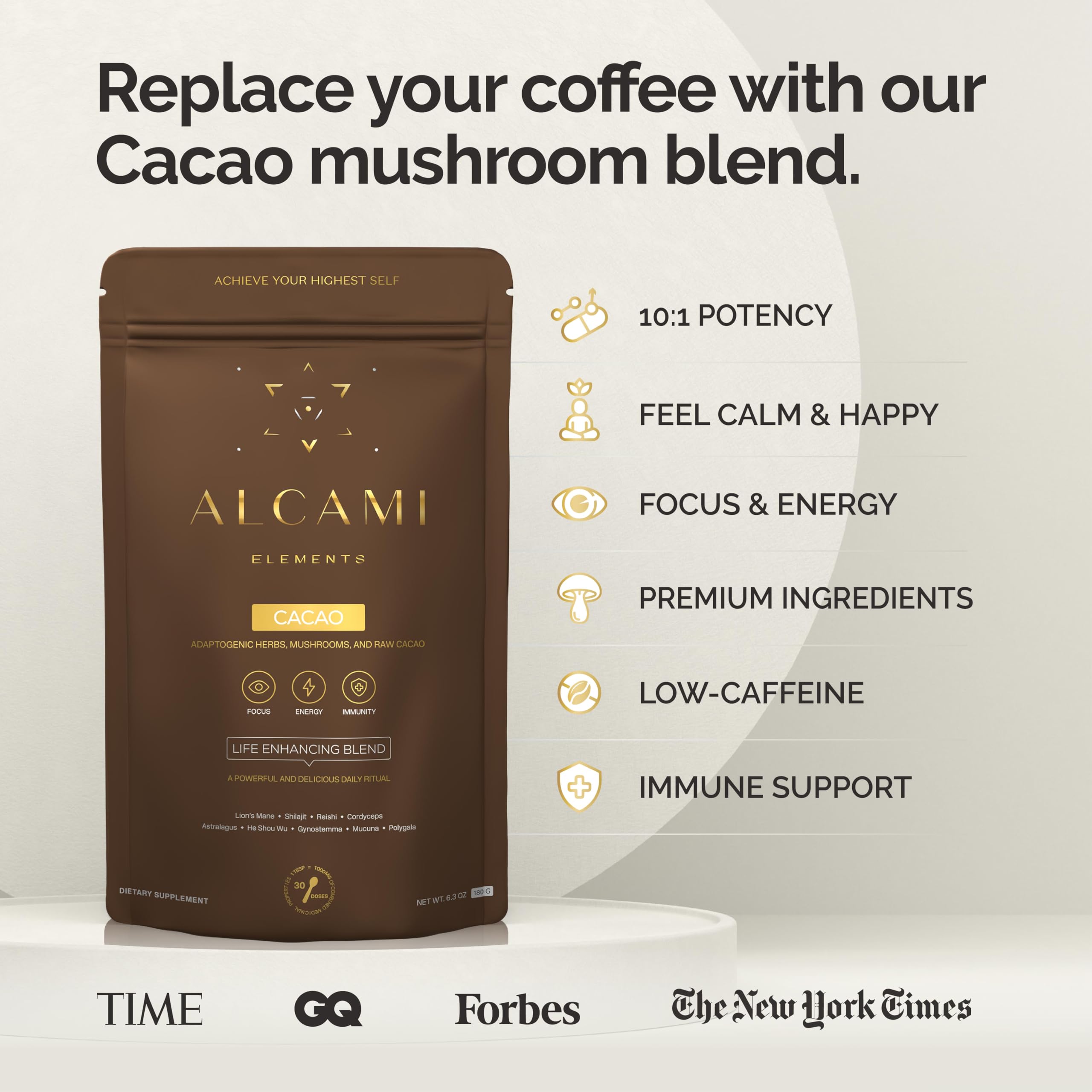 alcami elements Mushroom Cacao Superfood Ritual back view with ingredient list