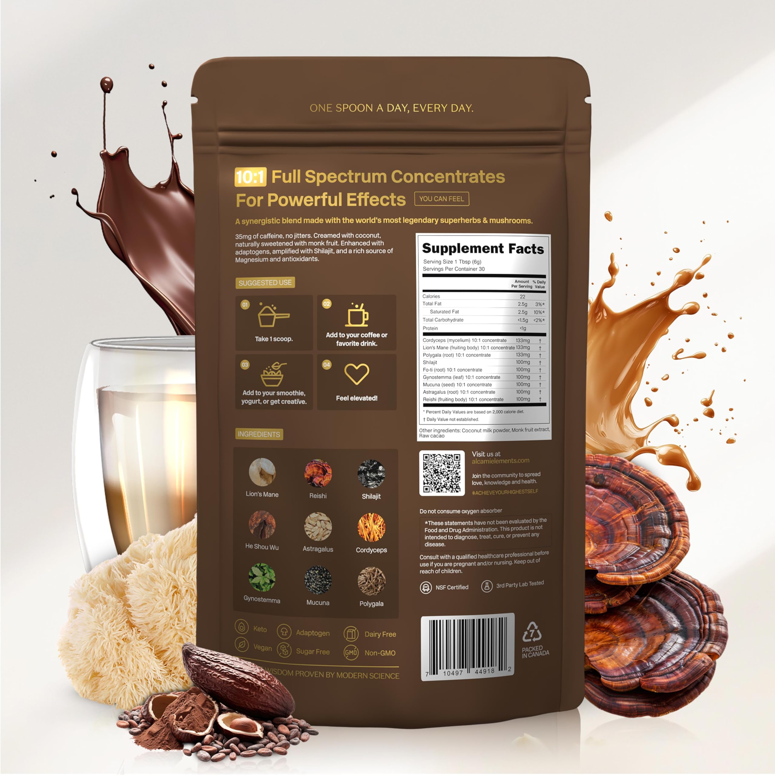 alcami elements Mushroom Cacao Superfood Ritual with a spoonful of cacao powder