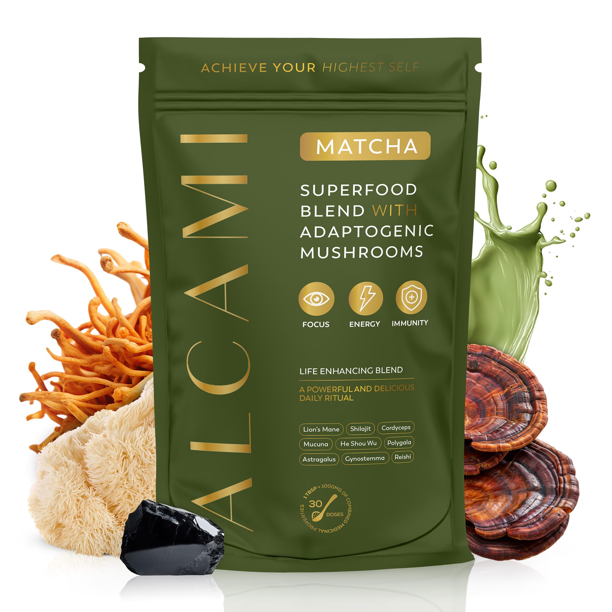 alcami elements Mushroom Matcha 10:1 Concentrated Blend packaging front view