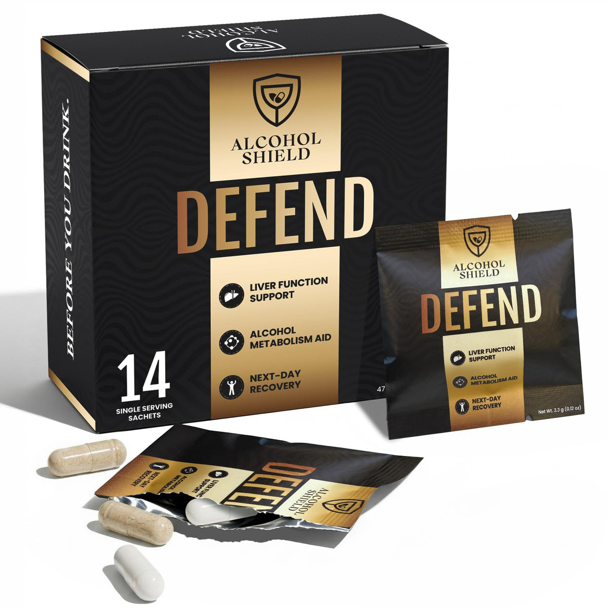 ALCOHOL SHIELD Hangover Support Supplement front view