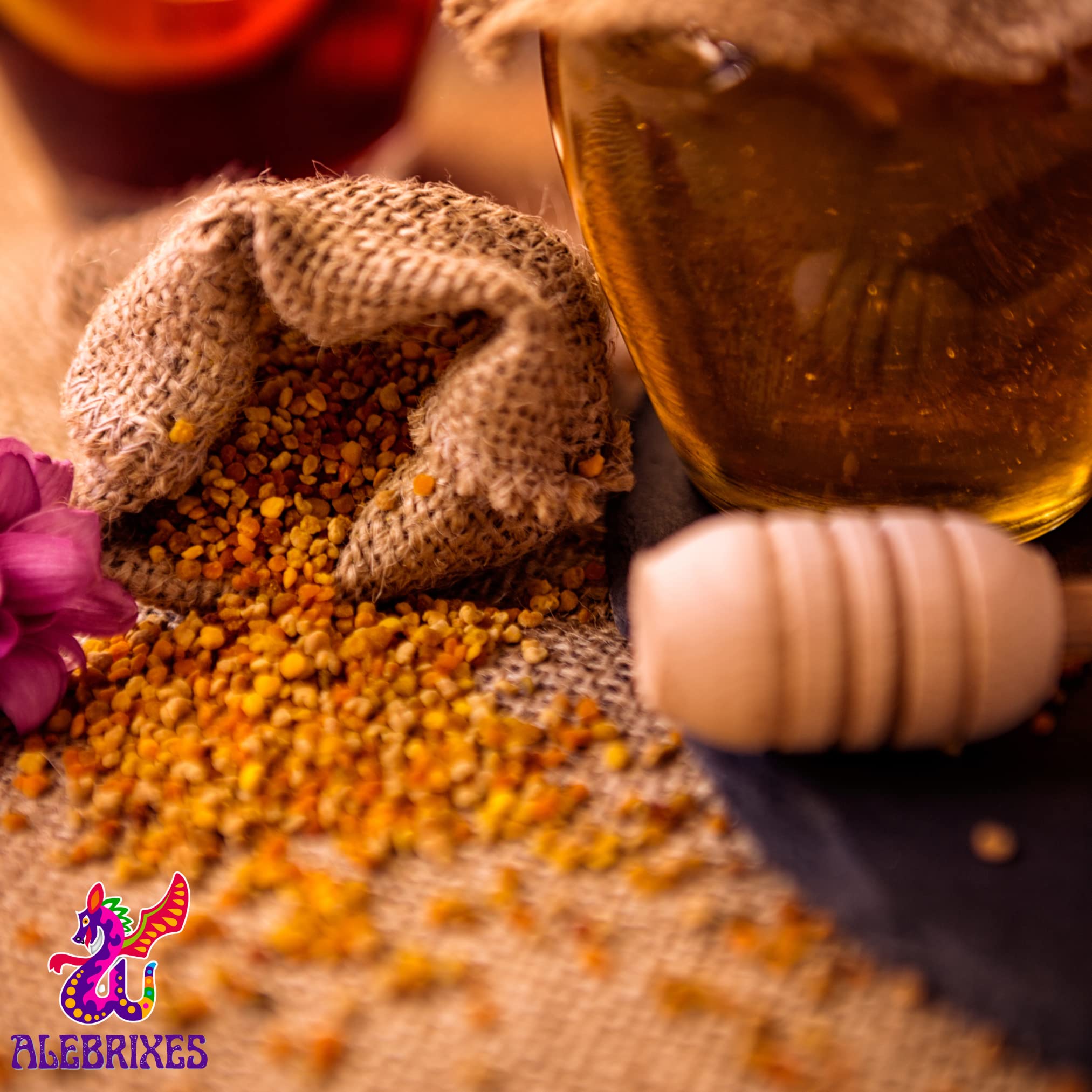 ALEBRIXES Bee Pollen supplement on a kitchen counter