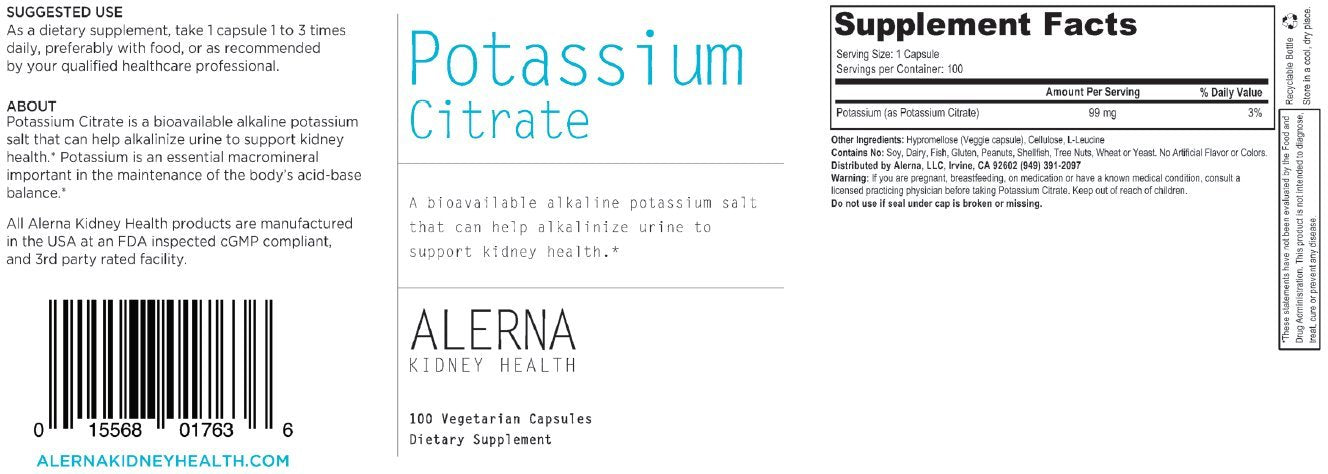 Alerna Kidney Health Potassium Citrate 99mg capsule on wooden table