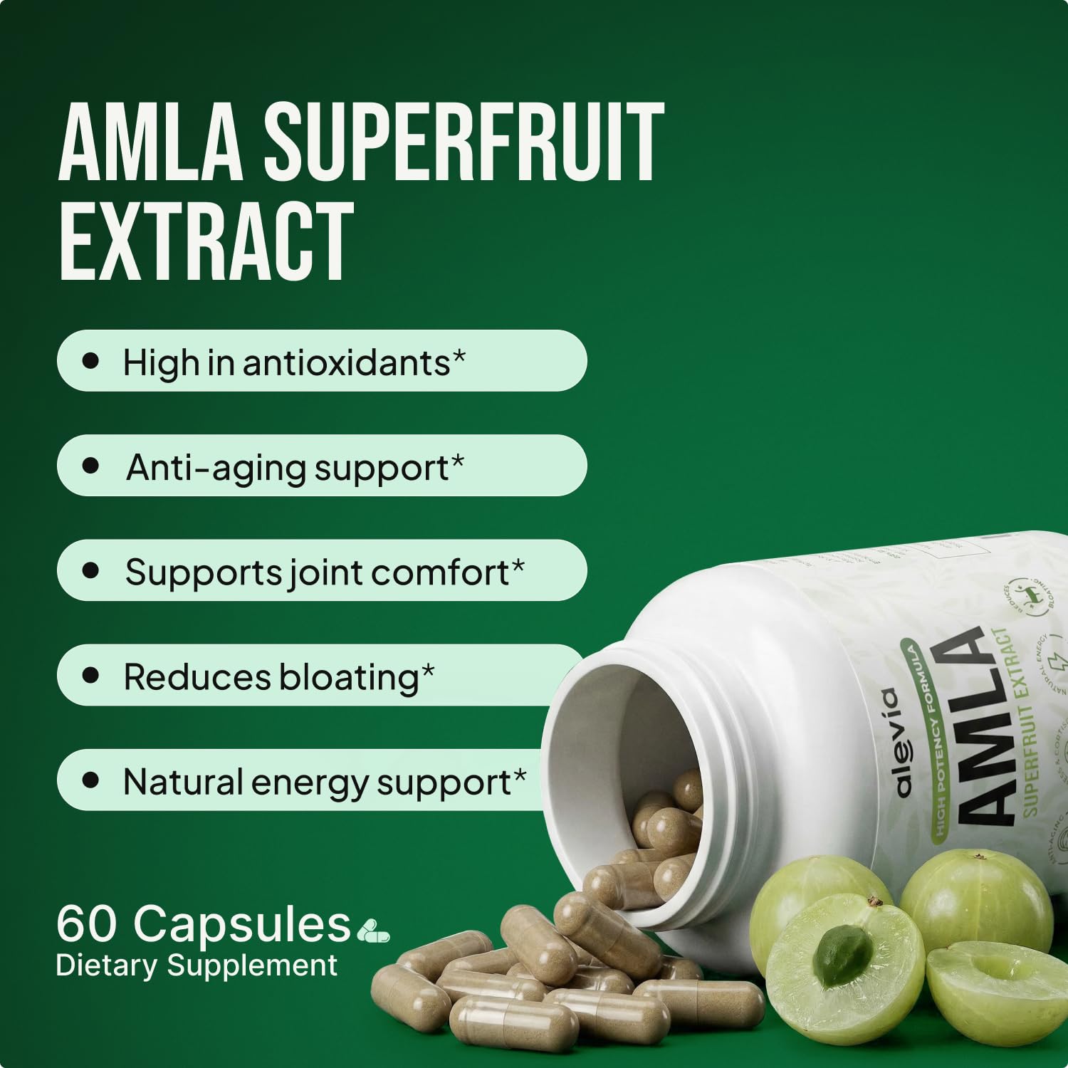 Alevia Organic Amla 1000mg Capsules side view showing capsule details