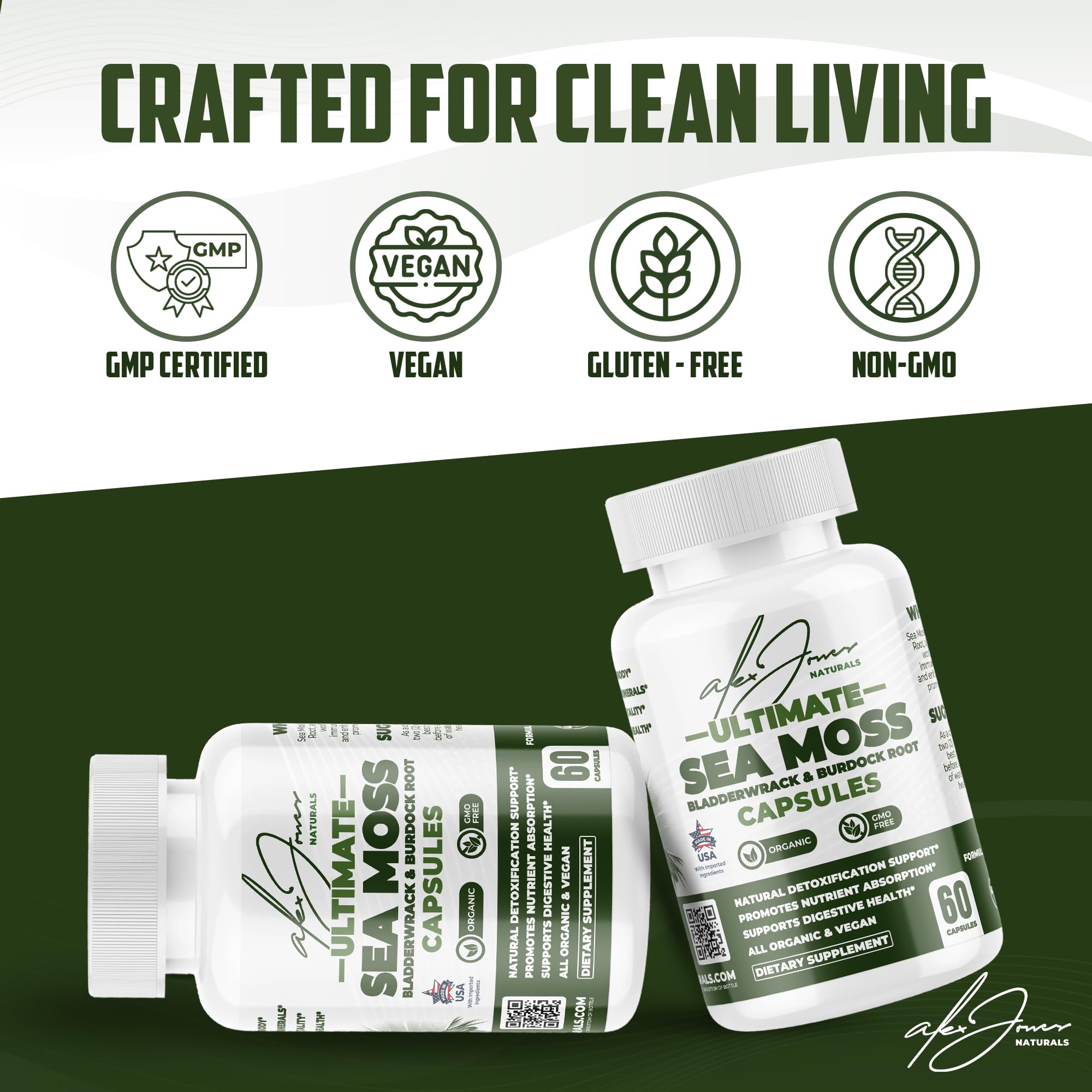 Alex Jones Naturals Sea Moss Capsules with a measuring spoon