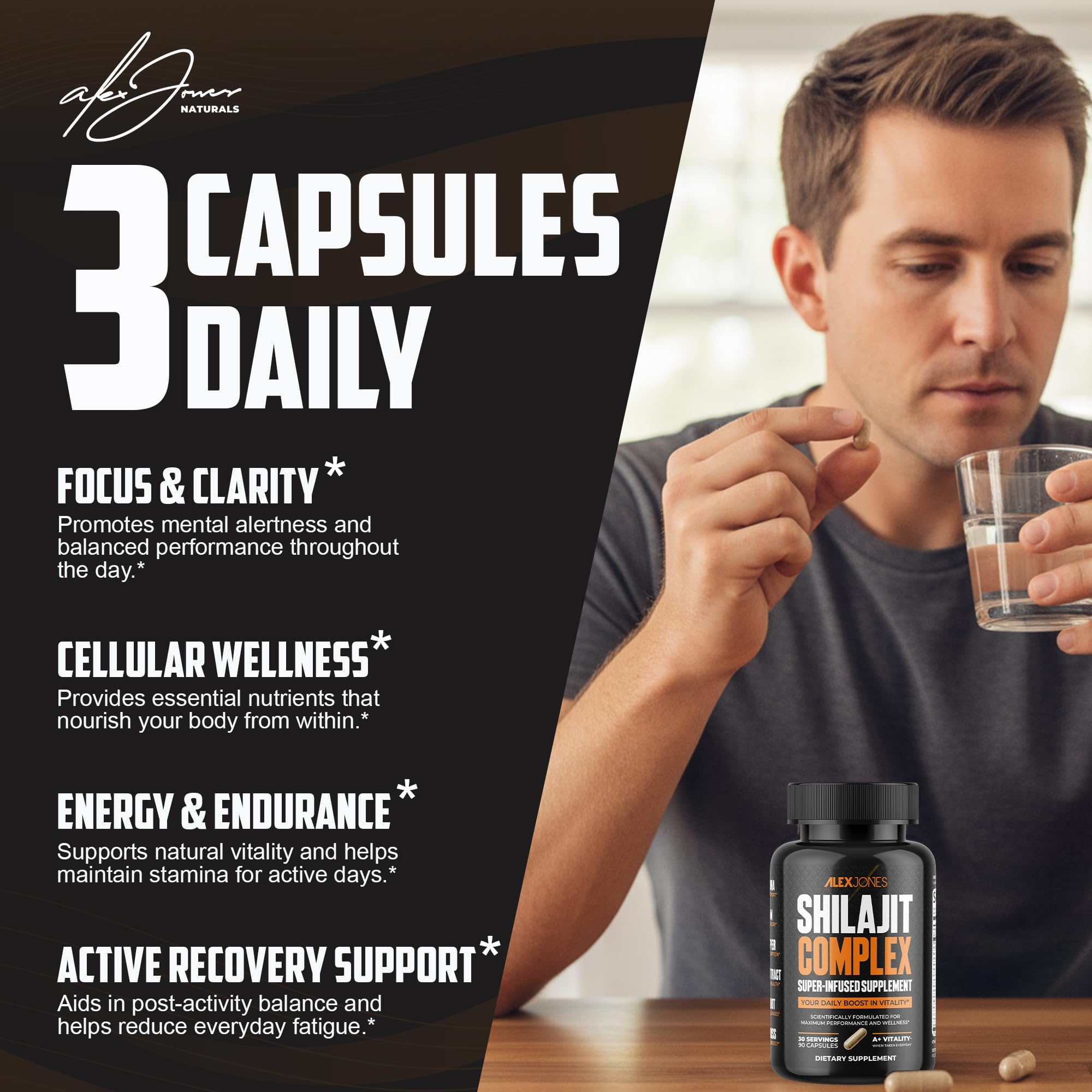 Alex Jones Naturals Shilajit Capsules with ingredients displayed