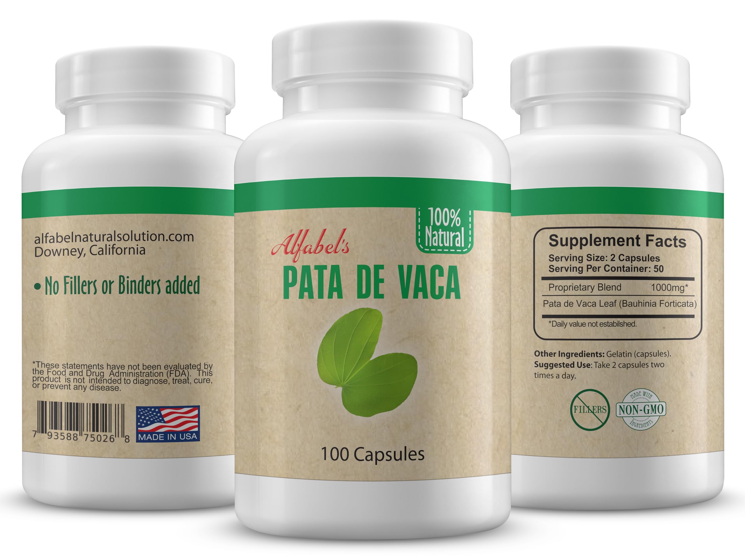 Alfabel Natural Solution Pata de Vaca Herb Capsules 500mg front view