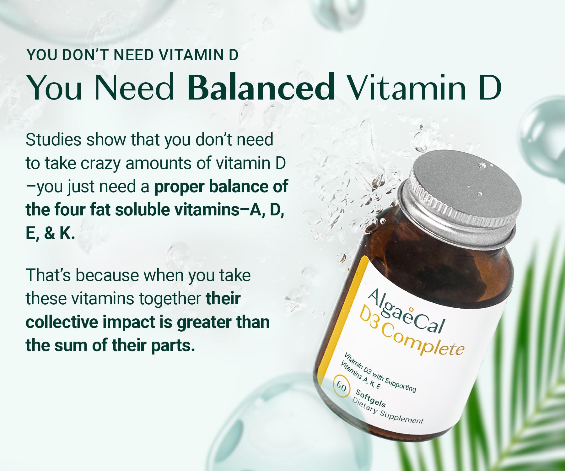 ALGAECAL D3 Complete Vitamin D3 & K2 softgel capsules on a wooden table