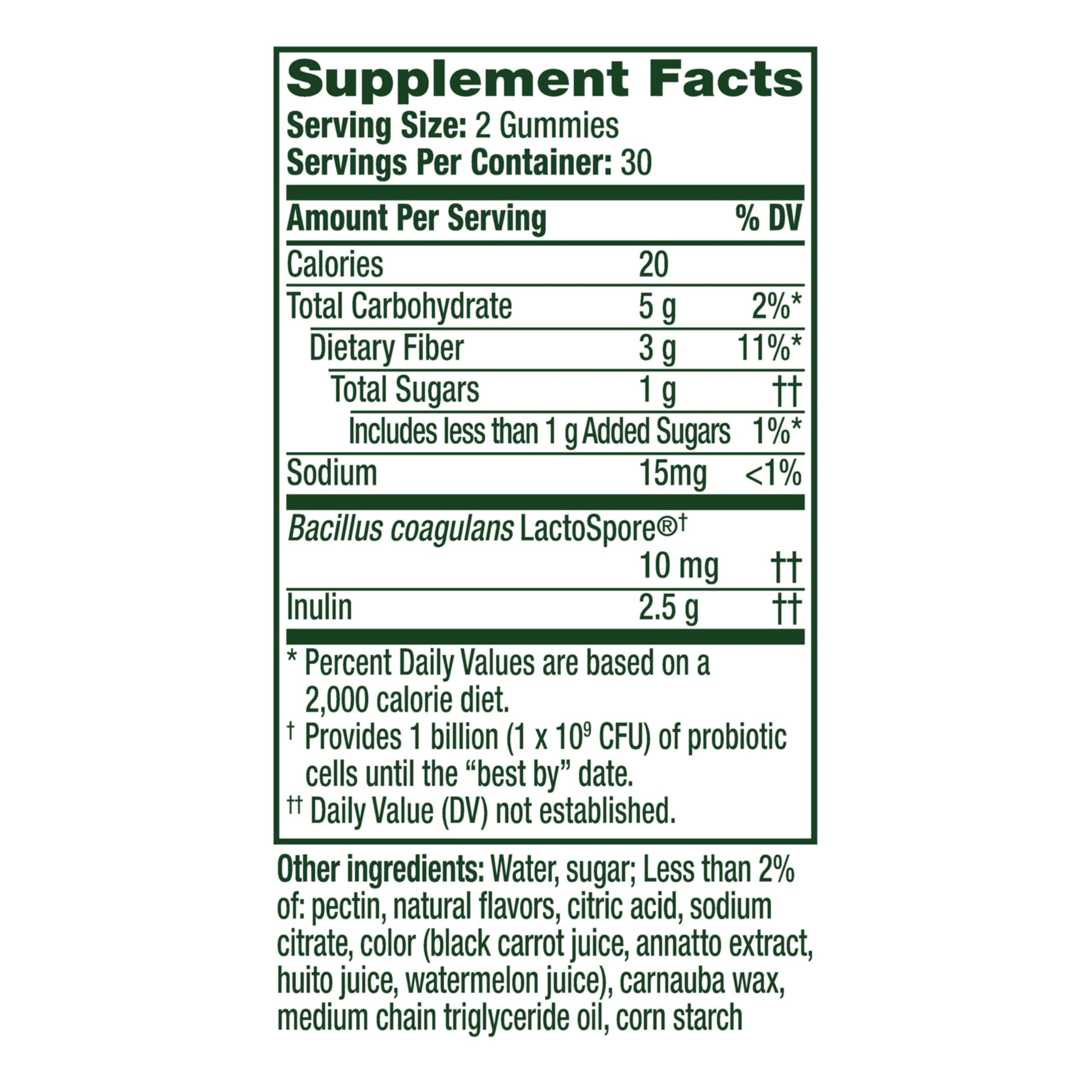 Align Gummies nutritional information on packaging