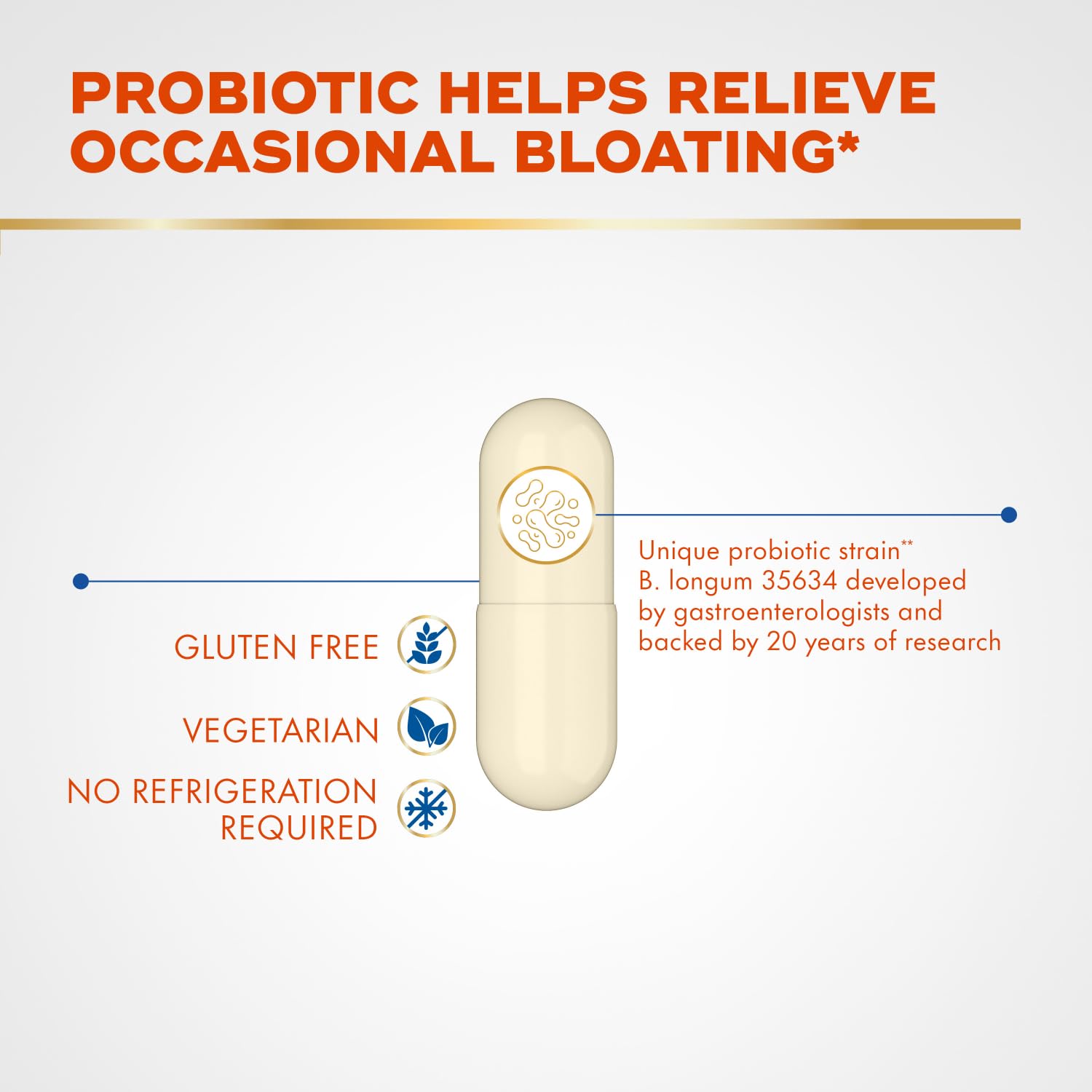 Align Probiotic Relief + Food daily 28 Capsules on a kitchen counter