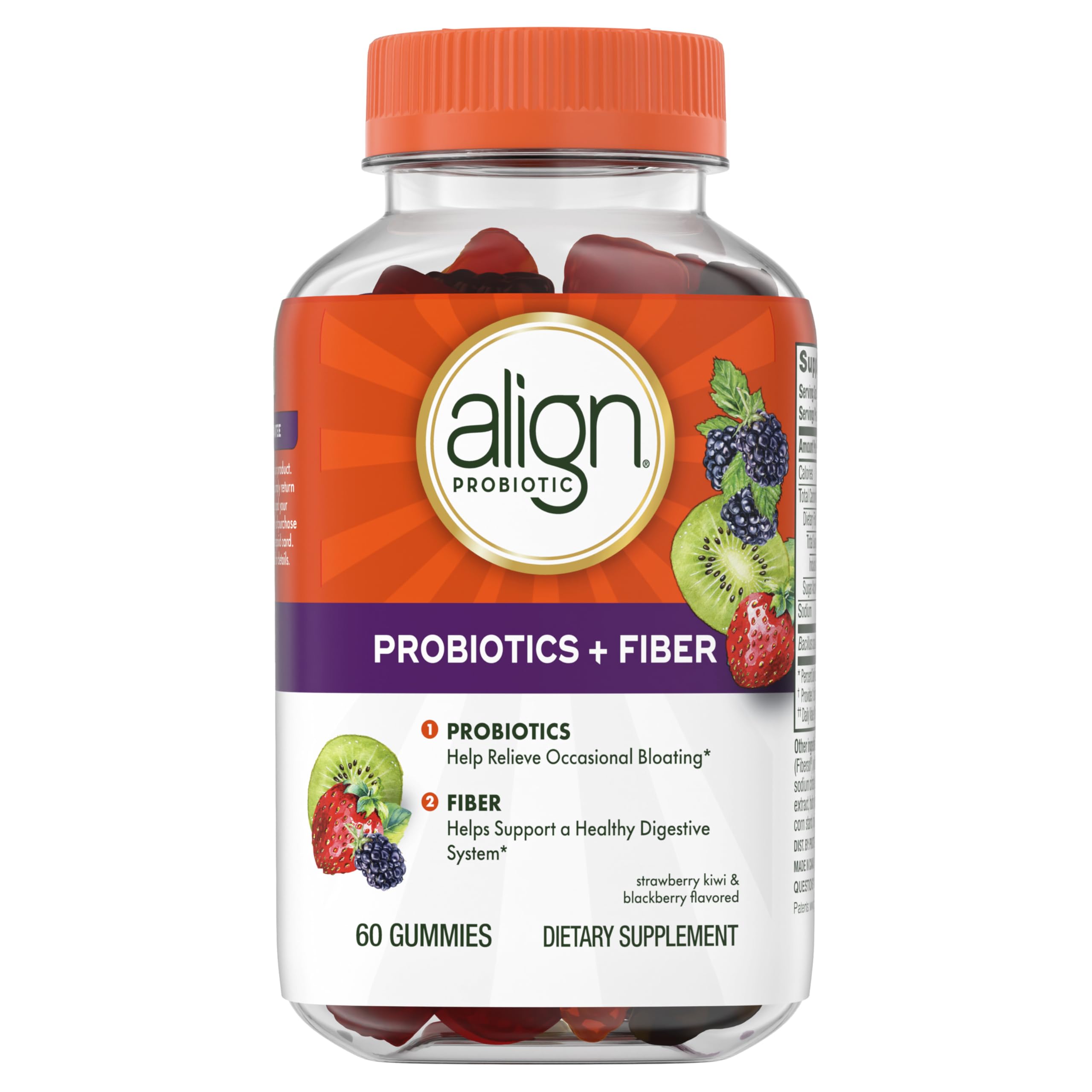 Align Probiotics + Fiber Gummies back view showing nutritional information