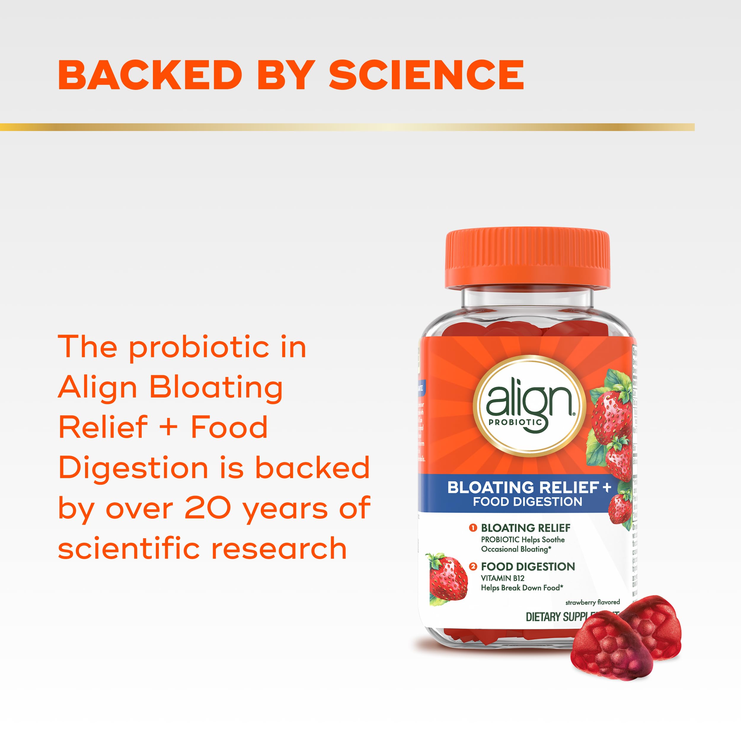 Align Relief Gummies displayed with fresh strawberries