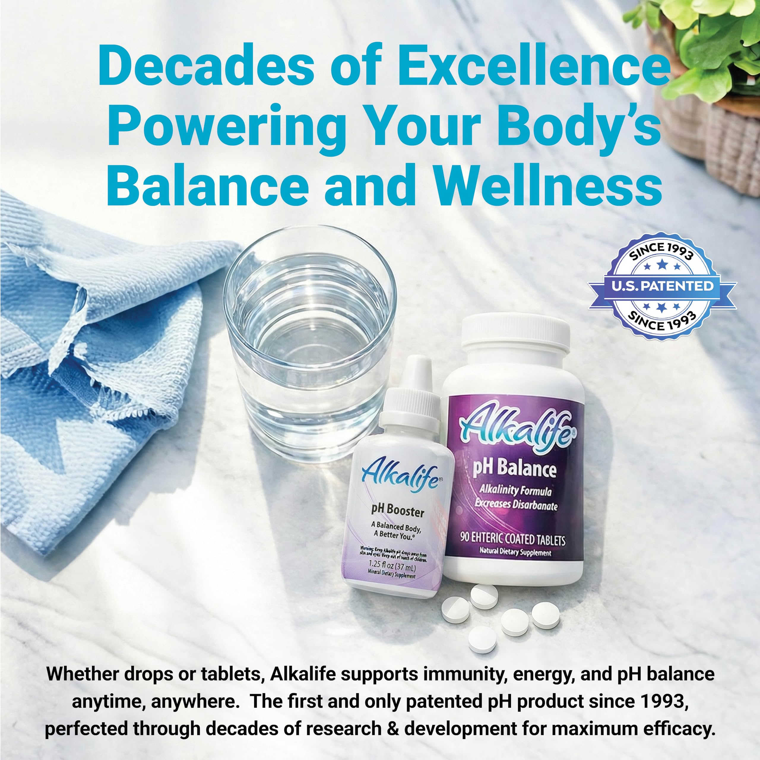 Alkalife pH Balance Tablets with a glass of water