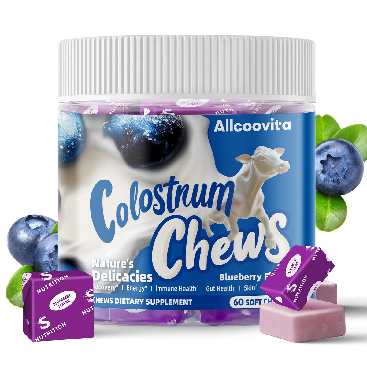 Allcoovita Colostrum Chews Blueberry flavour front view