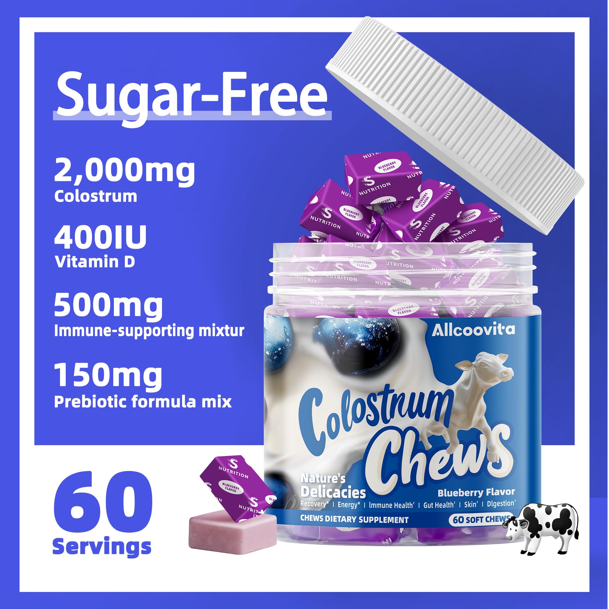 Allcoovita Colostrum Chews Blueberry flavour individual chew