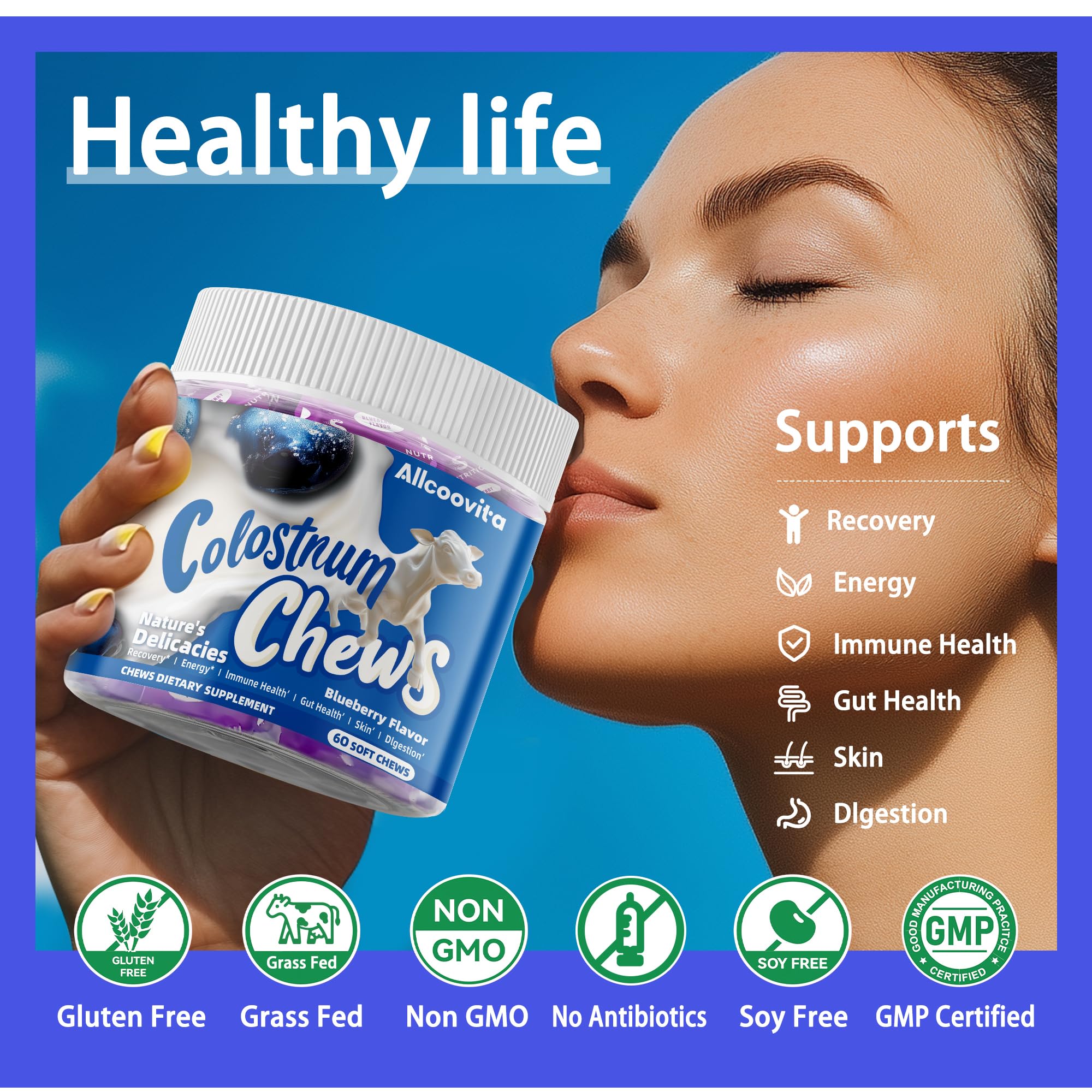 Allcoovita Colostrum Chews Blueberry flavour on a table