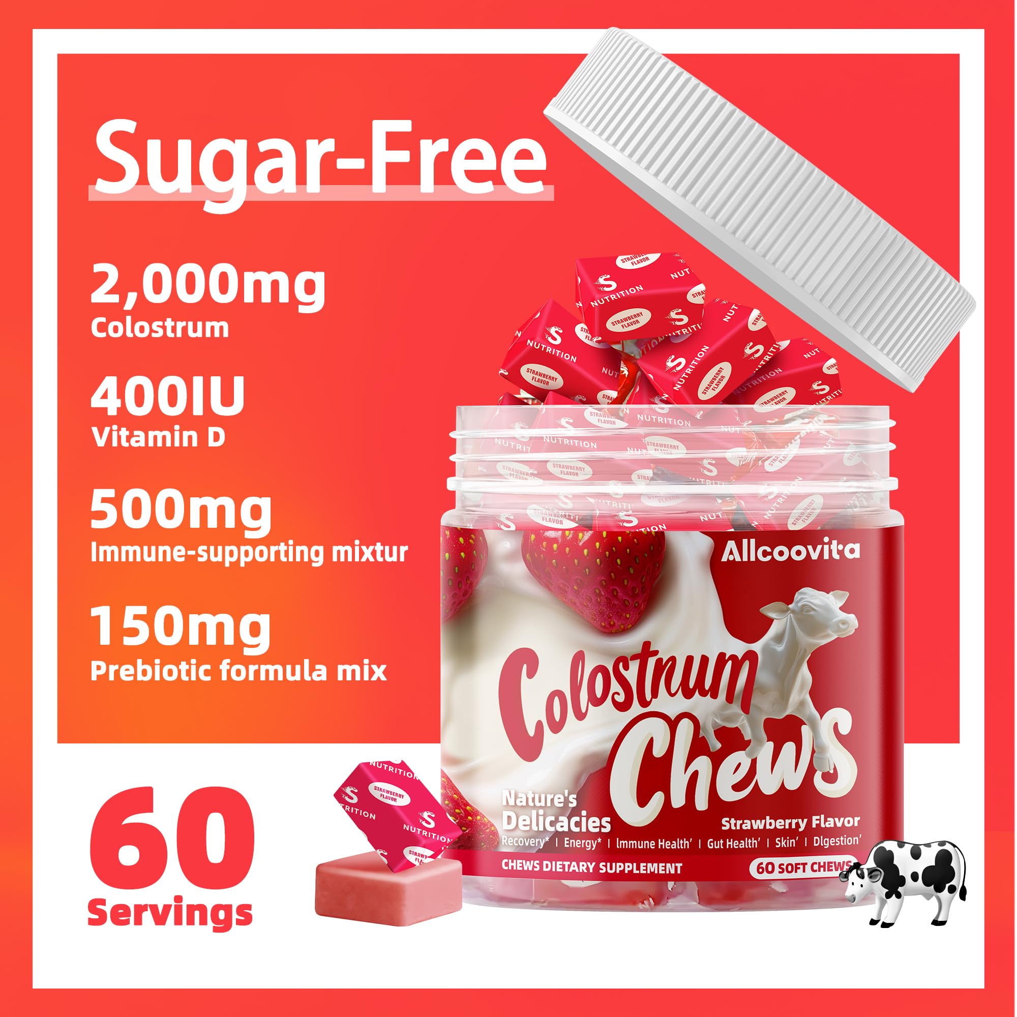 Allcoovita Colostrum Chews bottle with chews displayed