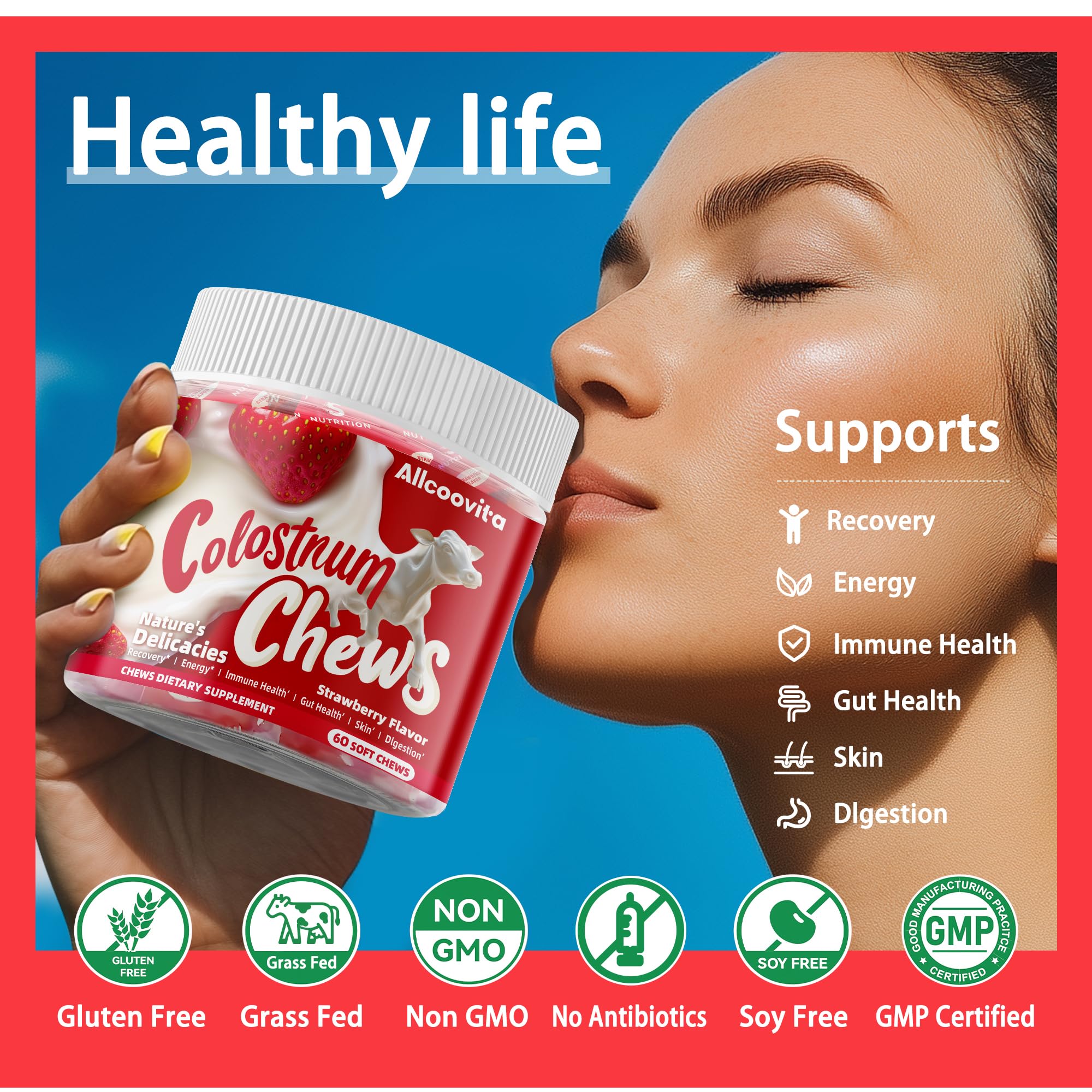 Allcoovita Colostrum Chews ingredients list on packaging