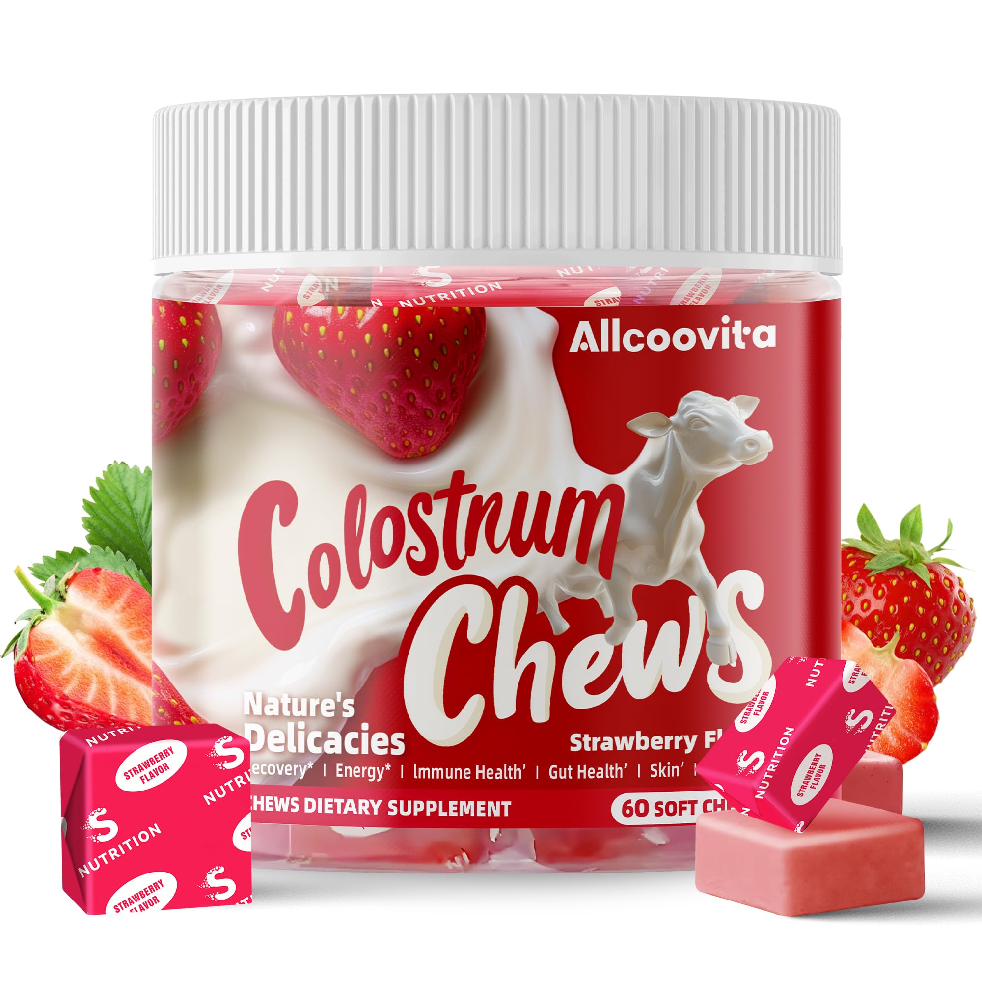 Allcoovita Colostrum Chews strawberry flavour front view