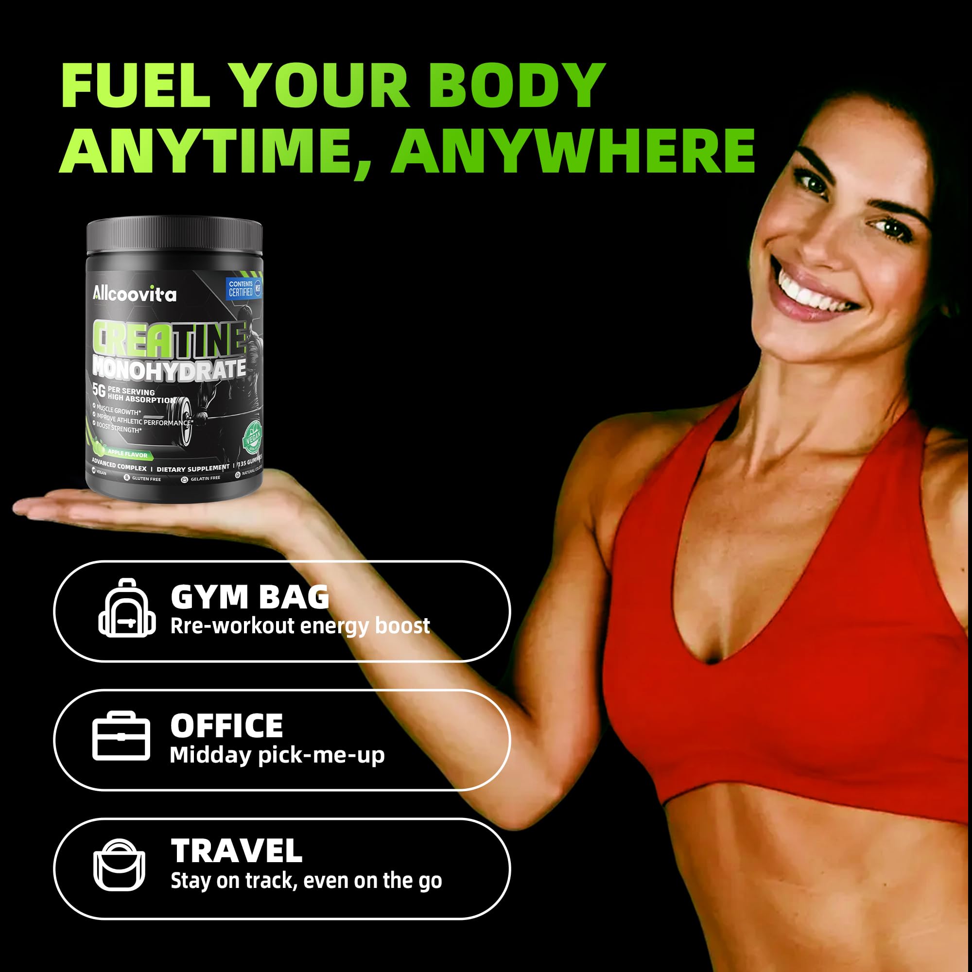 Allcoovita Creatine Gummies displayed on a fitness mat