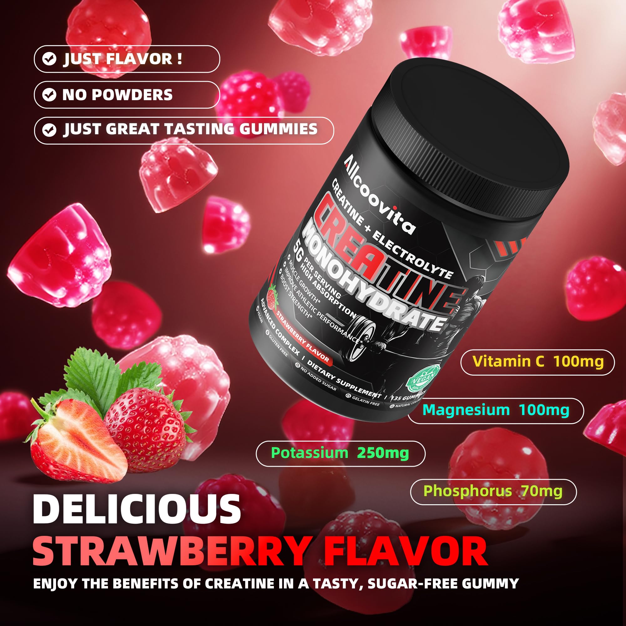 Allcoovita Creatine Gummies packaging with nutritional information
