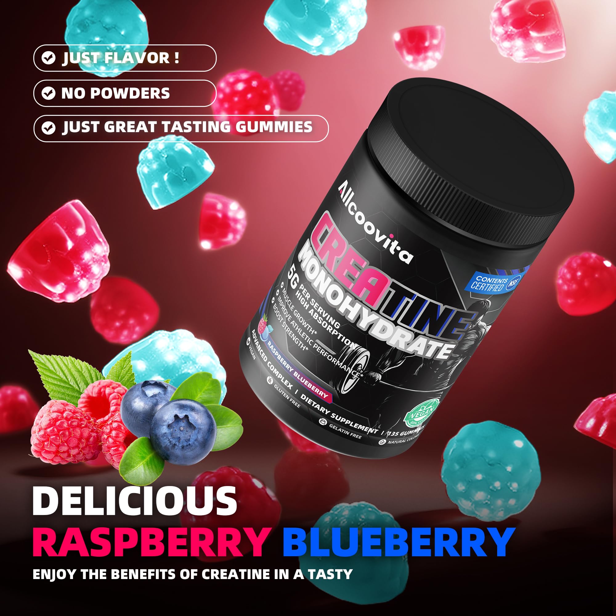 Allcoovita Creatine Gummies with a measuring scoop